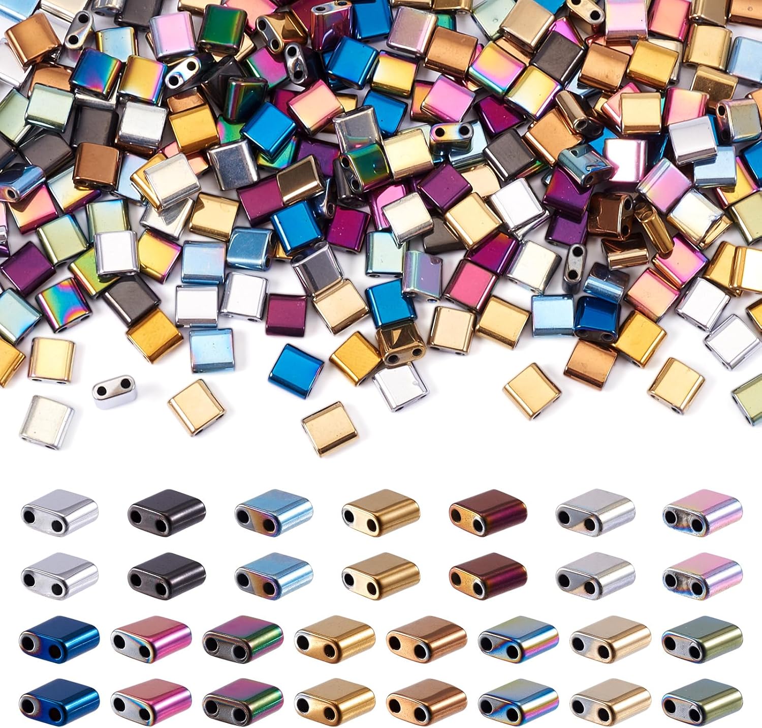 Pandahall 225Pcs 6mm Square Hematite Seed Beads 2-Hole Tila Beads 15 Colors Gemstone Spacer Charms for Jewelry Multi-Strand Bracelet Necklace Earrings