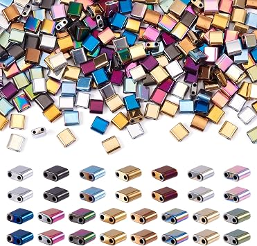 225Pcs Square Hematite Tila Beads 6x6mm 2 Hole Metallic Seed Beads Gemstone Beads Stone Tile Beads for Crafts DIY Multi Strand Elastic Bracelets Jewelry Making Supplies