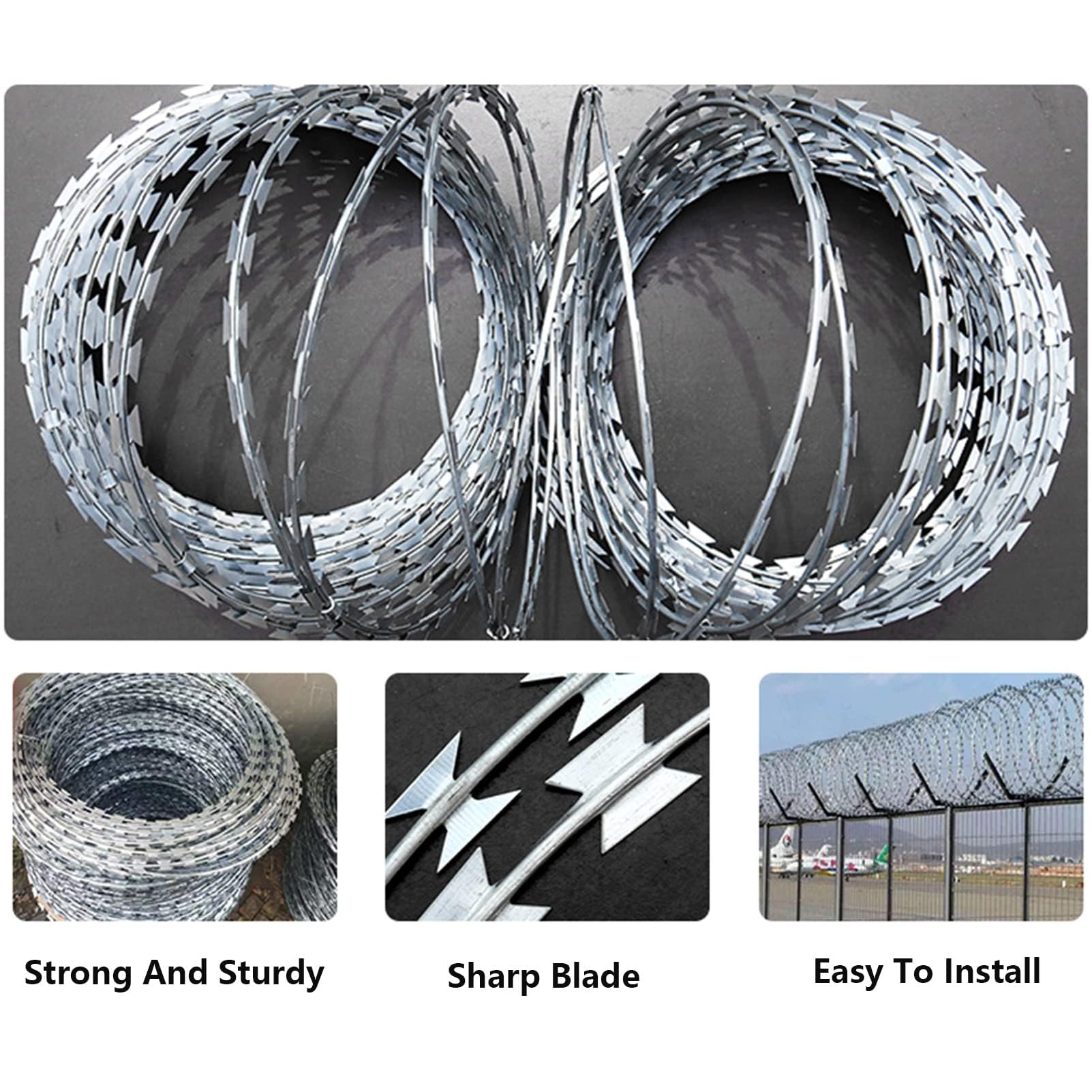 Rollo de alambre galvanizado para seguridad de vallas, disuasorio de cinta de púas resistente, diseño en espiral resistente a la intemperie para protección de jardín y patio