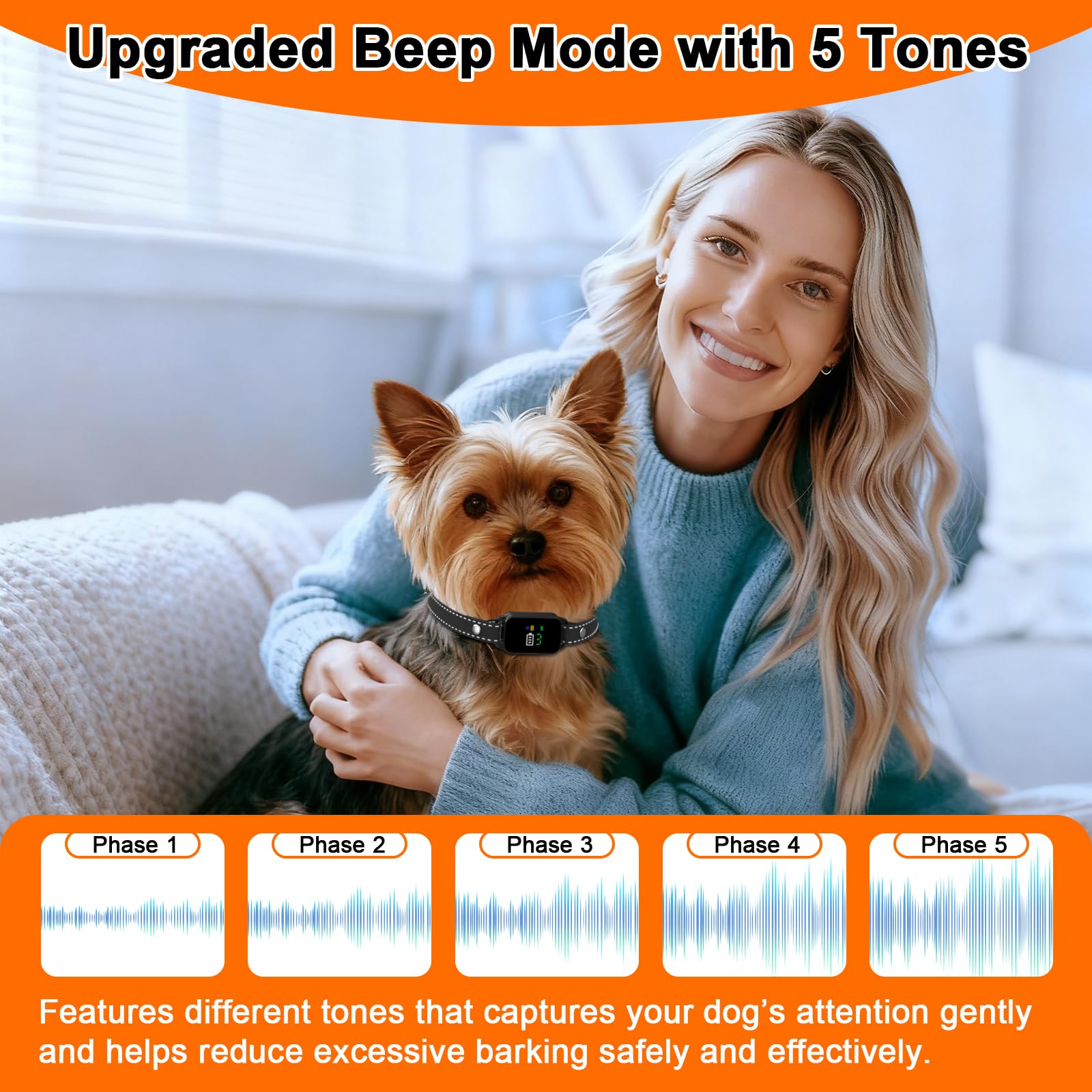 Dog Bark Collar, Bark Collar for 5-60LBS Small & Medium Dogs, IPX7 Waterproof Rechargeable Training Bark Collar, Anti Barking Collar with 3Modes, 5 Beep & 7-Level Sensitivity(Black) — view 5