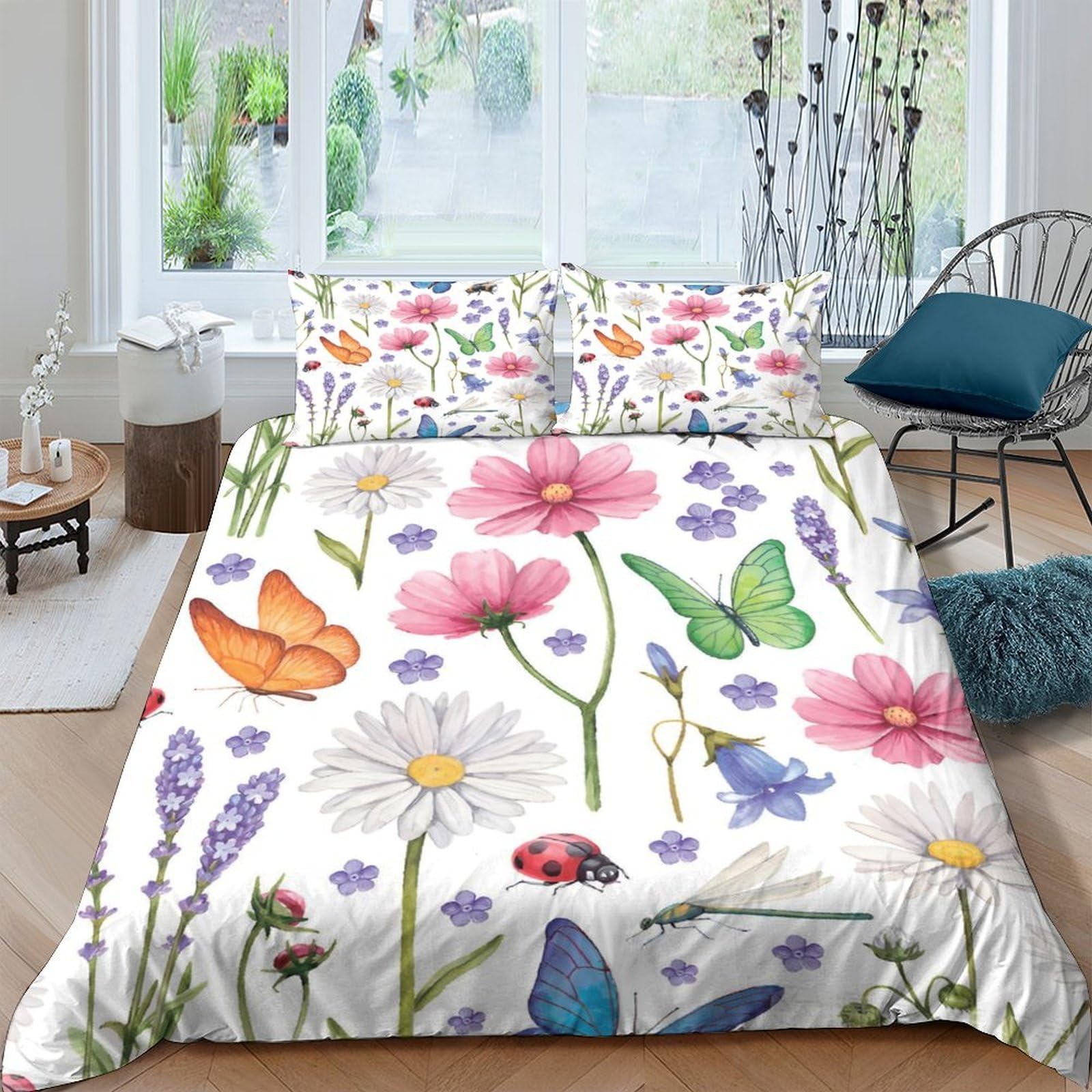 Ctjqhvkz Style-1 3D Printed Watercolor Wildflowers Fitted Sheet Microfiber Soft Butterflies Mattress Cover Bedroom Decor, Machine Washable Single（135X200cm）