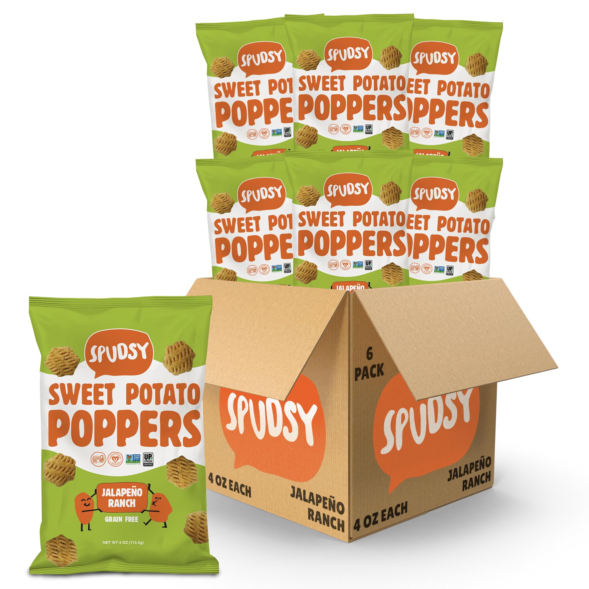 Spudsy Jalapeno Ranch Sweet Potato Poppers | Vegan, Gluten Free Veggie Puffs | Plant-Based, Non-GMO, Kosher, Superfood Snack | 6 Pack, 4 oz Bags