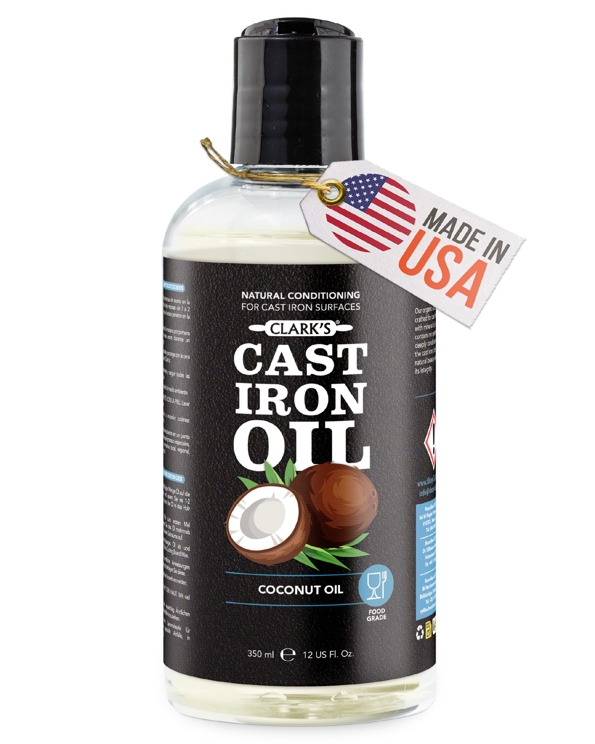 CLARK'S Cast Iron Seasoning Oil (12 Ounces) - 100% Plant Based from Refined Coconut Oil (Vegan) - No Mineral Oil - Prevents Rust - Maintains Seasoning on All Cast Iron and Carbon Cookware