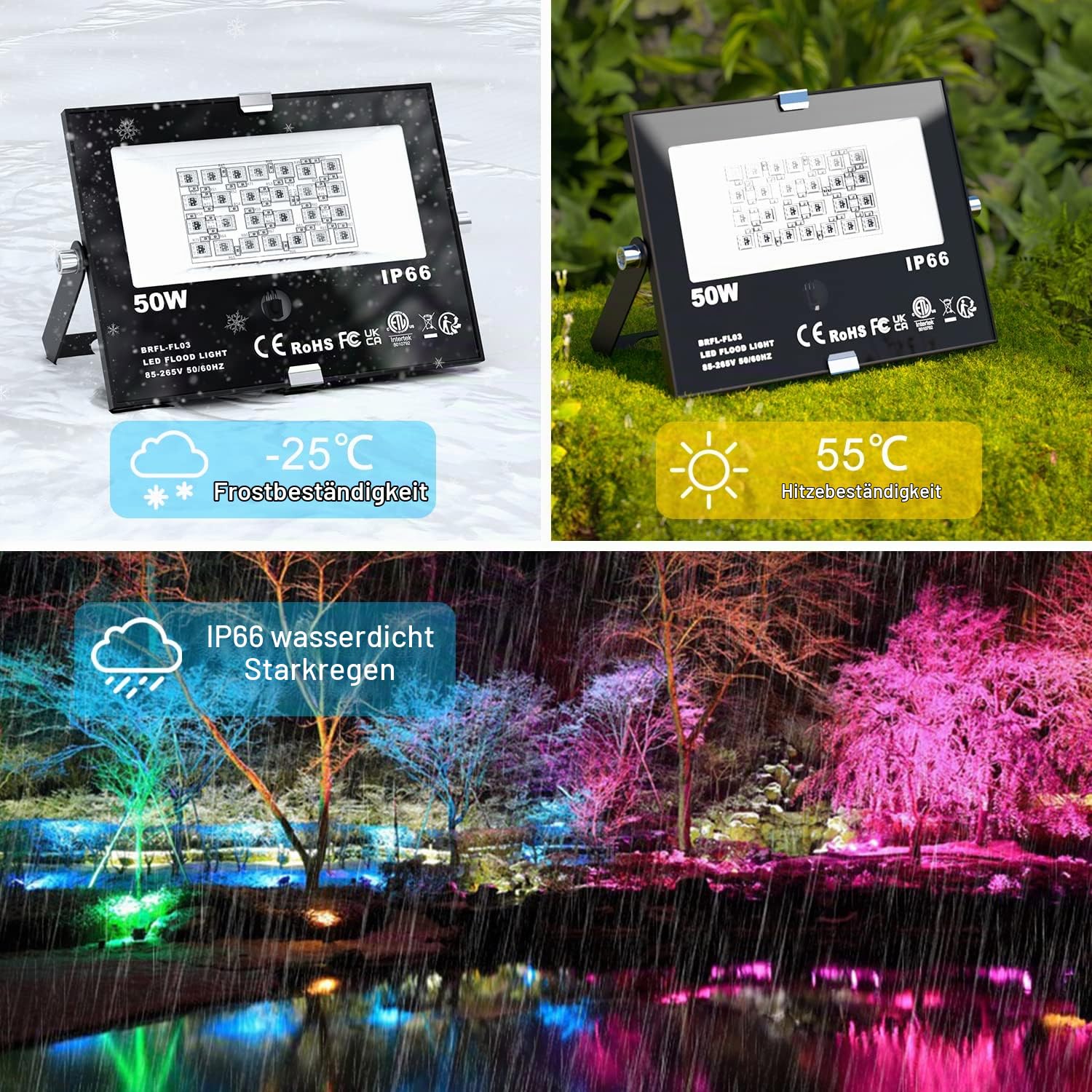 ChangM RGB LED Strahler Fluter Außen Mit Fernbedienung Objektbeleuchtung 2er Pack 50W LED Fluter Flutlichtstrahler, IP66 Wasserdicht Flutlicht, Garten Stimmungslichter