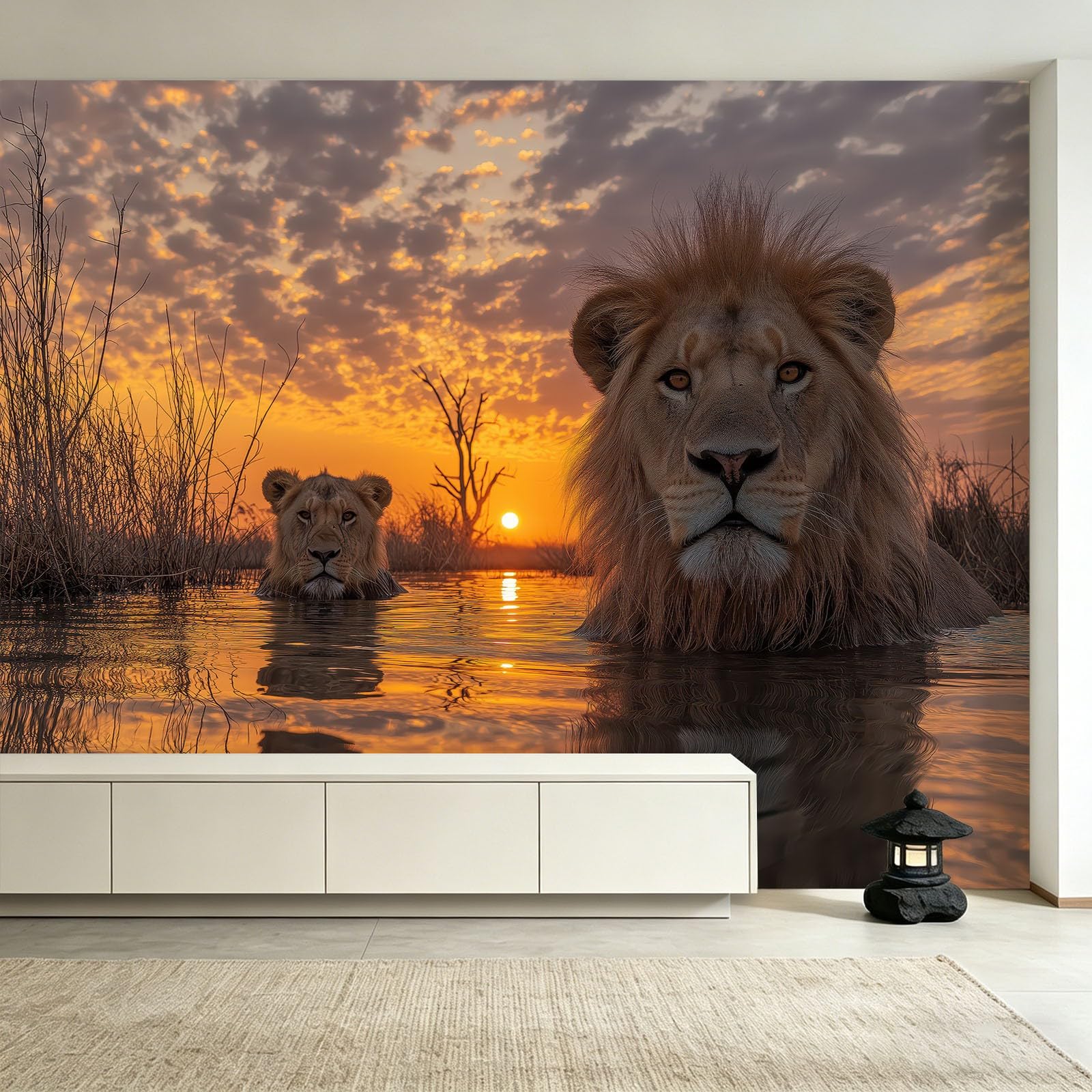 Carta da parati fotografica in tessuto non tessuto, motivo: leone al tramonto, 350 x 256 cm (larghezza x altezza), per cucina, sala da pranzo, ufficio, carta da parati, decorazione artistica