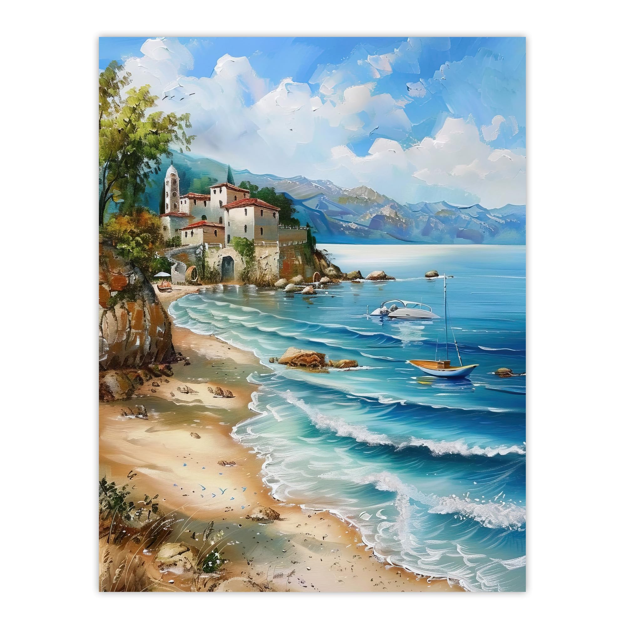 Artery8 Seaside Beach Scene Coastal Landscape Painting Living Room Bathroom Unframed Wall Art Print Poster Home Decor Premium