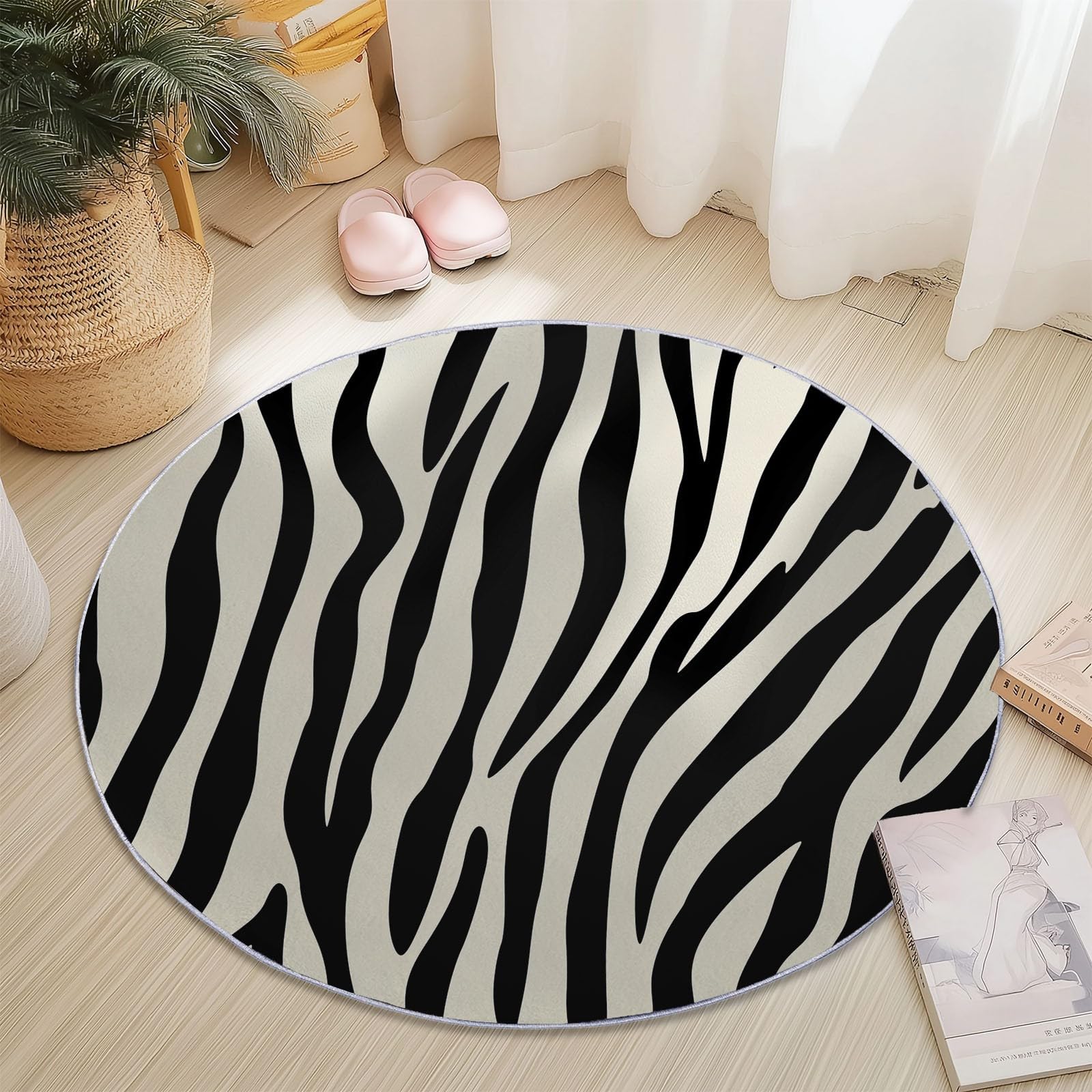 Generisch Schwarz Und Weiß Runder Teppich 160 cm Round Eingangsbereich Teppich Gestreiftes Schwarz-Weißes Zebrafell, Kleiner Kreis Bereich Küche Läufer rutschfest Waschbar Läufer
