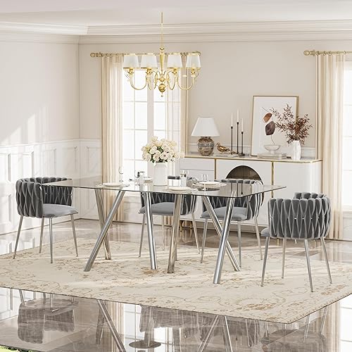 Miniatura 10 de Glam Style - Juego de mesa de comedor de 5 piezas para 4, mesa de comedor rectangular de vidrio templado de 51 pulgadas con base de metal dorado