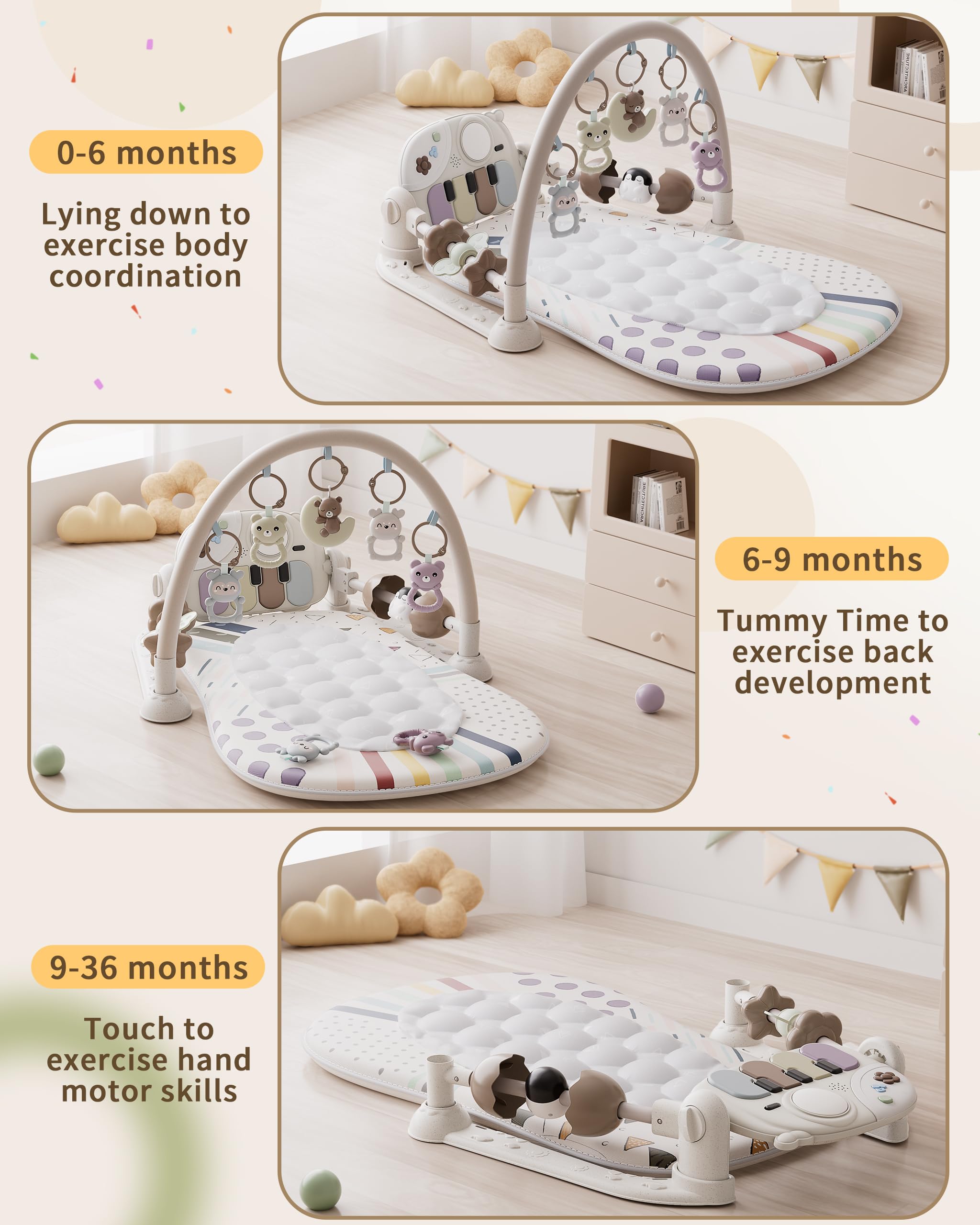 Baby Play Mat Baby Toys,Baby Gym Tummy Time Play Piano Activity Mat with 5 Infant Sensory Toys,Music & Light Infant Newborn Gifts for Babies Toddlers 0-3 6-9 11 12 Months.