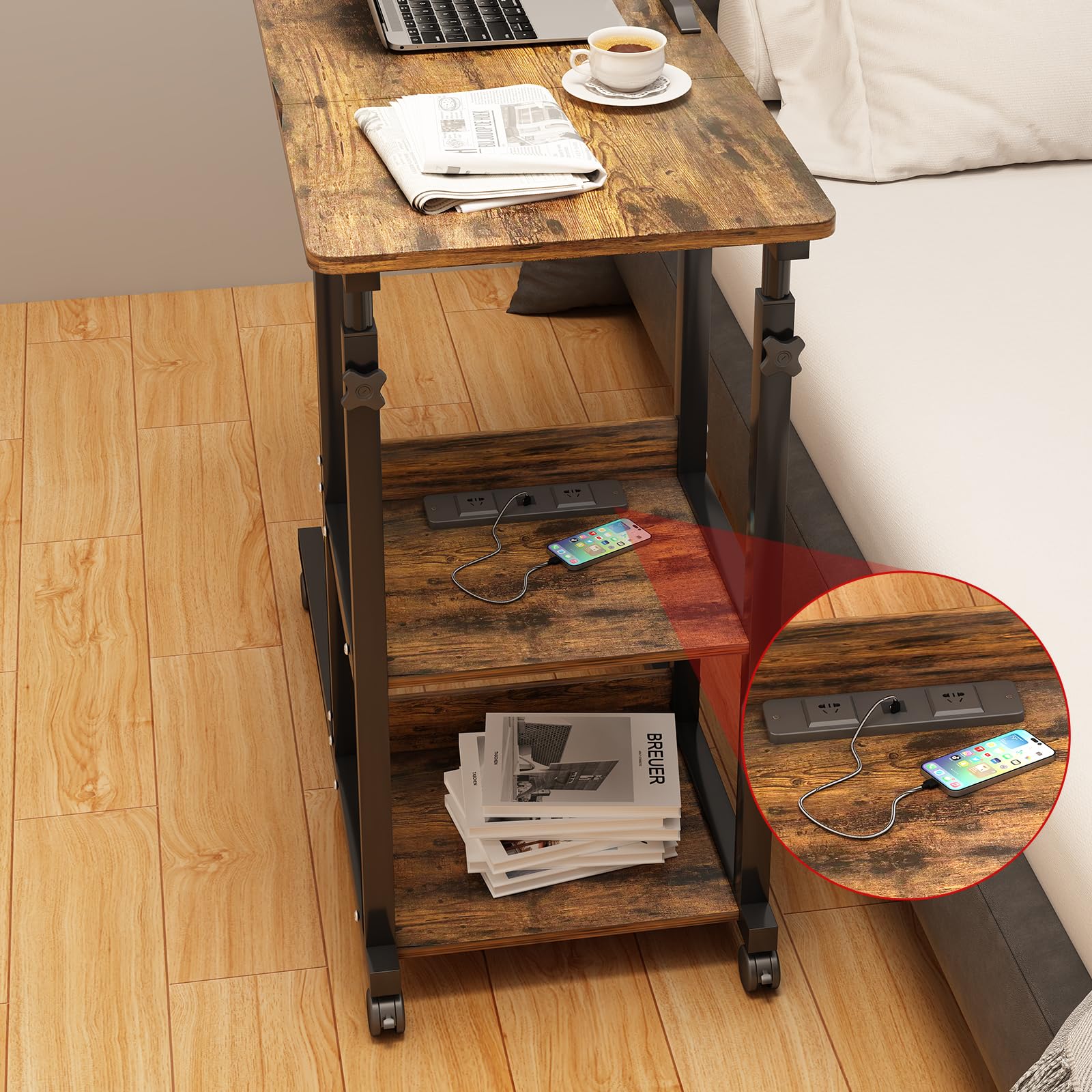Tavolino con ruote, regolabile in altezza, tavolo per computer portatile, altezza regolabile, il desktop può essere capovolto, tavolino con ruote, tavolino da caffè, camera da letto, 80x40cm