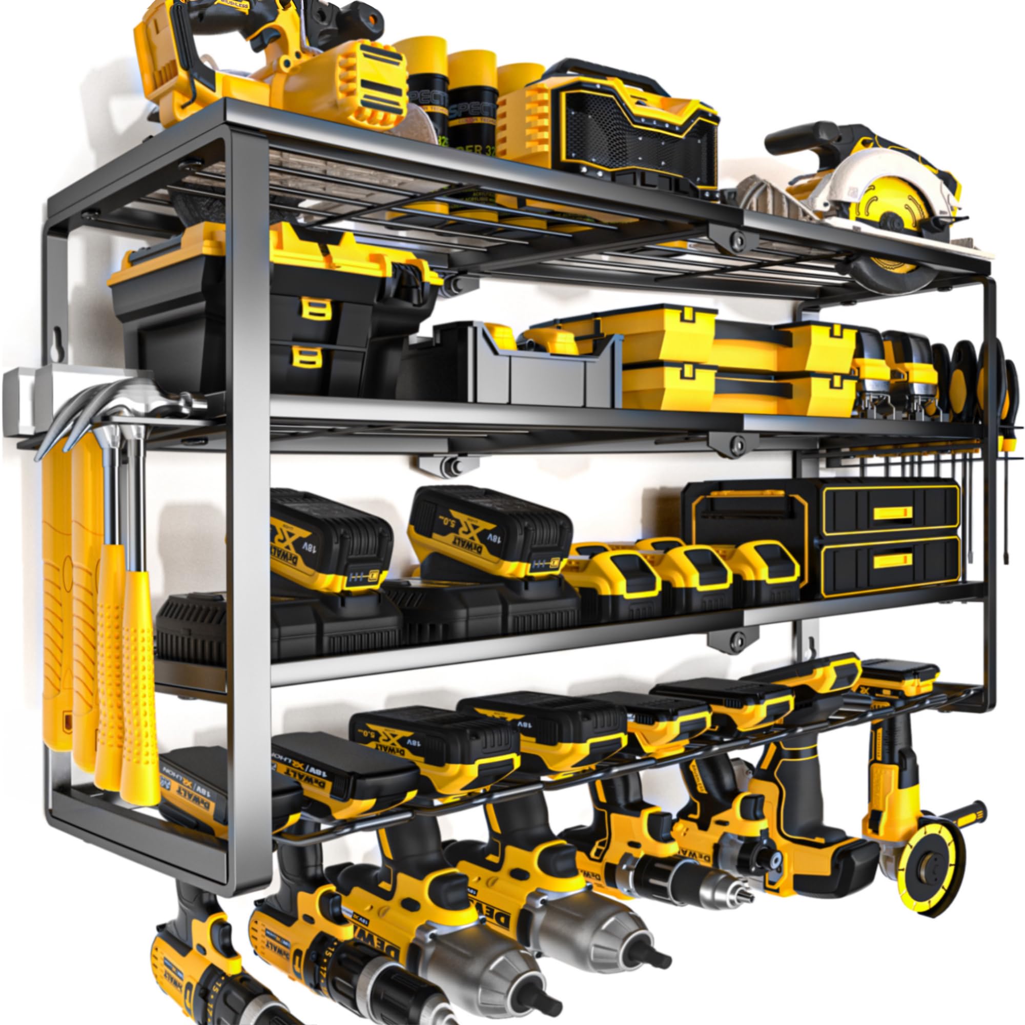 YYR 4 Layer Power Tool Organizer Wall Mount, Cordless Drill Hanger Storage Rack, Battery Tools Holder with Charging Station Shelf for Garage