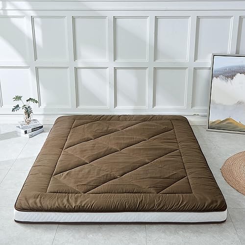 Heimorn Colchón de suelo japonés, colchón de futón, colchón grueso plegable y portátil enrollable para acampar con funda a prueba de polvo, café