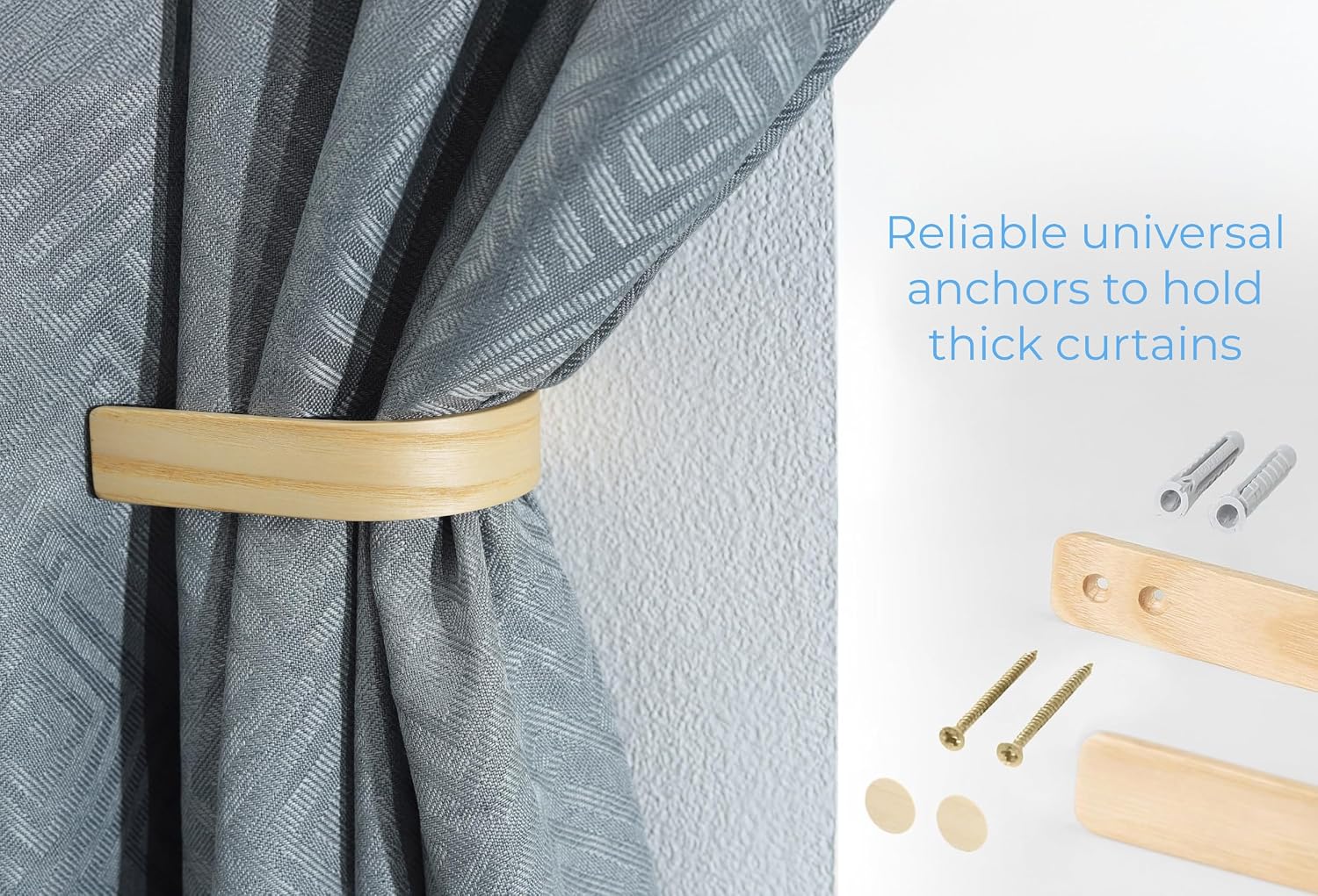 Wood Curtain Holdbacks - Set of 2 Modern Farmhouse Holdback for Drapes, Hooks for Walls, Curtains Tiebacks Wall Mount, Wooden Curtain Pullbacks Hook, Drapery Holders, Home Decor