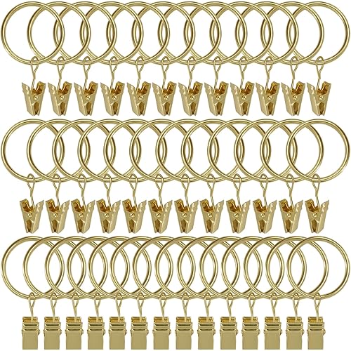 40 Pack Gold Curtain Rings with Clips, Curtain Hooks Hangers Clip Rings for Hanging Drapes Bows Hat, Drapery Rings 1.26 in I D, Fits up to 1 in Diameter Curtain Rod.