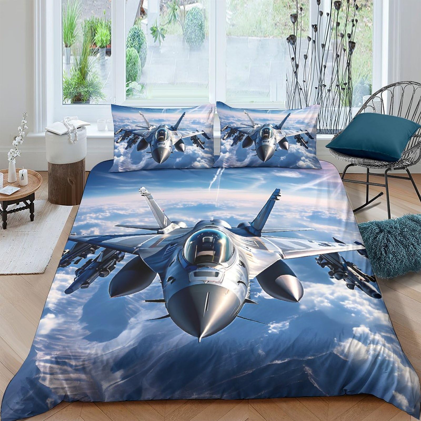 Ctjqhvkz Style-10 3D Printed Fighter Jet Fitted Sheet Microfiber Blue Sky Aircraft Mattress Cover For Bedroom Dorm Room Decor Washable Single（135X200cm）