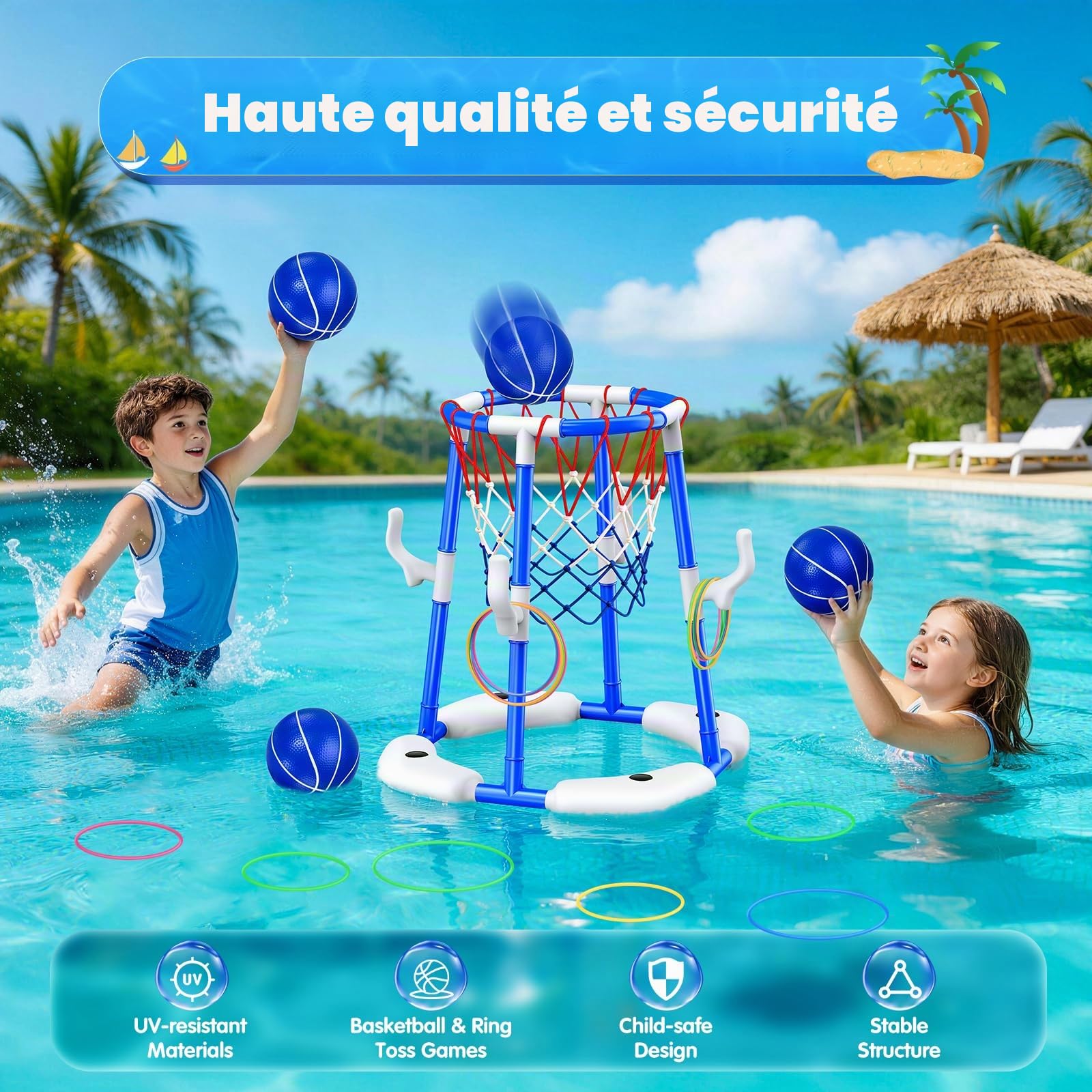 HaoVrisn Panier Basket Piscine 2 en 1, Jeux Piscine pour Enfants, 4 Ballons Flottants + 12 Anneaux + Pompe, Jouet Piscine d'Été pour Famille, Jeu d'Eau Extérieur/Intérieur pour Fête de Piscine