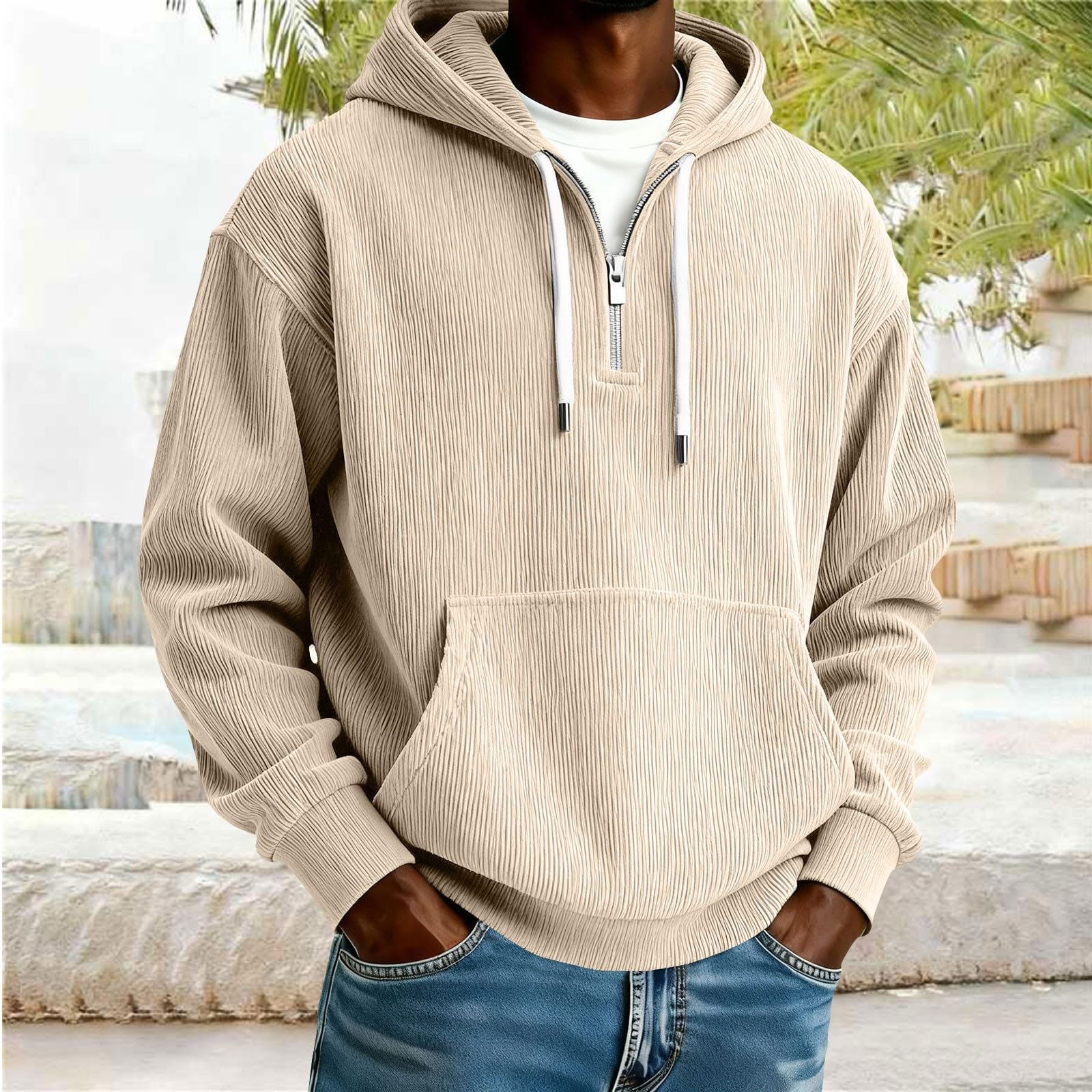 Sudaderas Hombres con Capucha Sudadera De Manga Larga Botones Y Media Cremallera para Hombre, Estilo Casual Otoño E Invierno. Hombre Negra (Beige, S) Mangas El Sol Camisa Proteccion