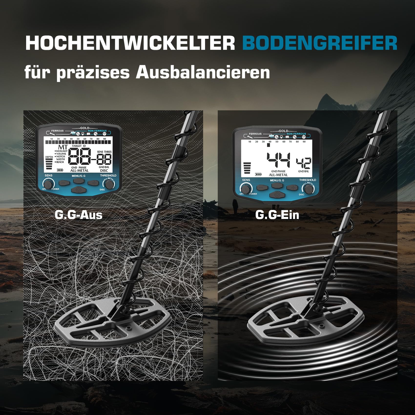 DR.ÖTEK Metalldetektor Profi Set für Erwachsene, Hochpräziser Metalldetektor mit Bodenausgleich, 5 Modi, 12" wasserdichte Double-D Spule, Gold Detektor für Strandjagd, mit Zubehör, Blau