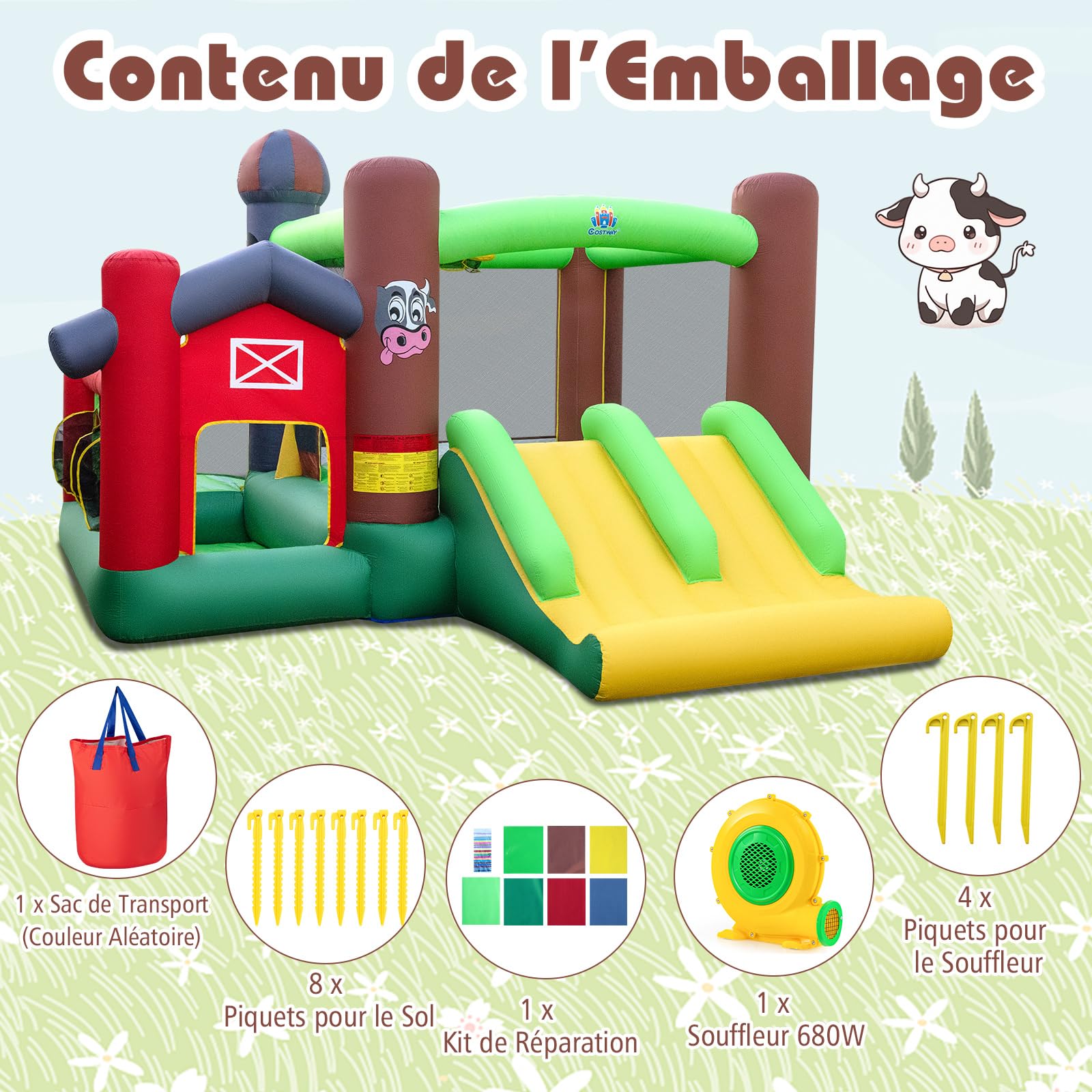 COSTWAY Château Gonflable avec Double Toboggans et Souffleur 680W, Aire de Jeux Gonflable avec Maison de Saut et Piscine à Balles, Panier de Basket, Jeu de Cibles, Intérieur Extérieur, 3-12 Ans