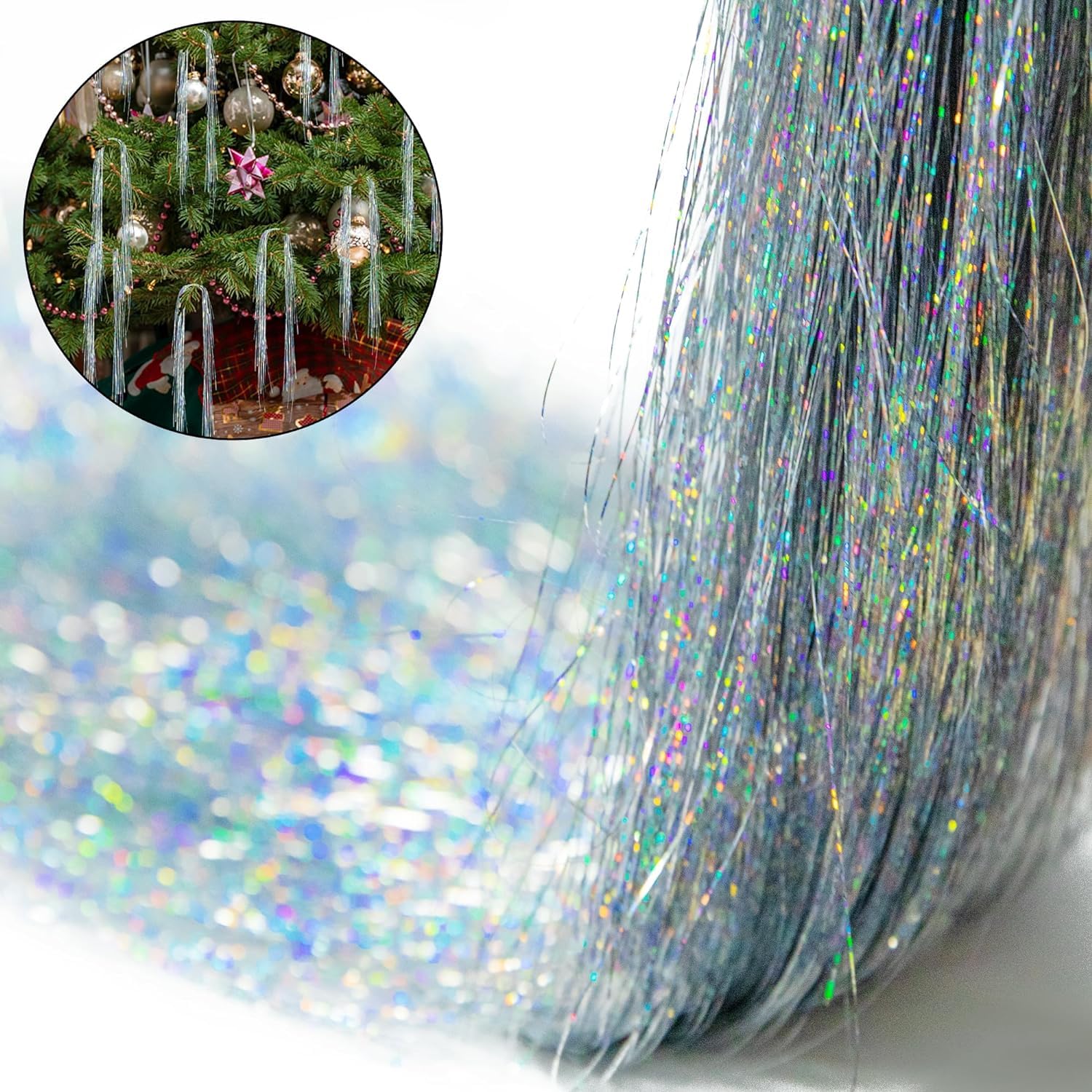 Oropel plateado láser de 6000 hebras iridiscentes para flecos de árbol de Navidad