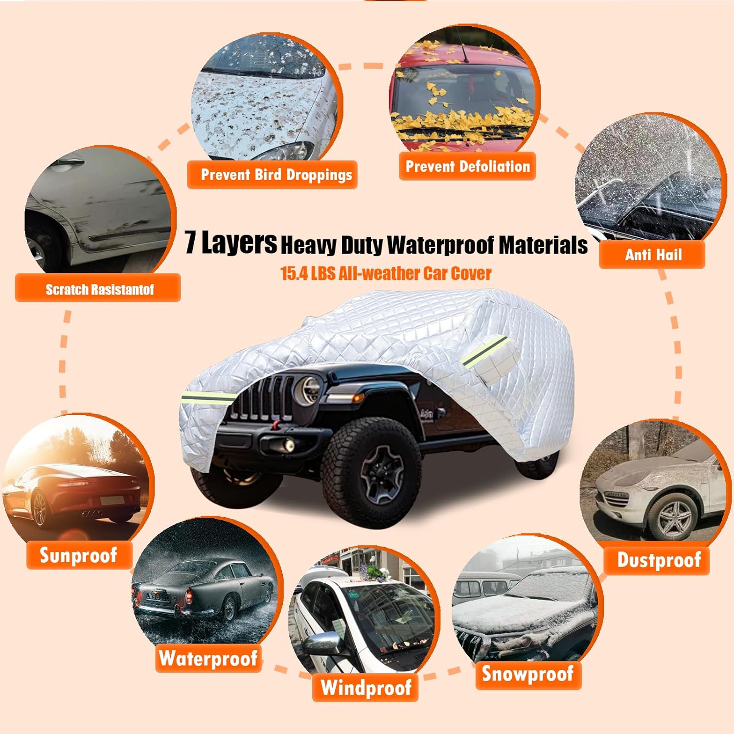 7 Layers Waterproof Heavy Duty Car Covers for Automobiles All Weather Season Anti-Hail UV Protection Snowproof Outdoor 15.4LBS Full Cover Universal Fit SUV 201" to 206"