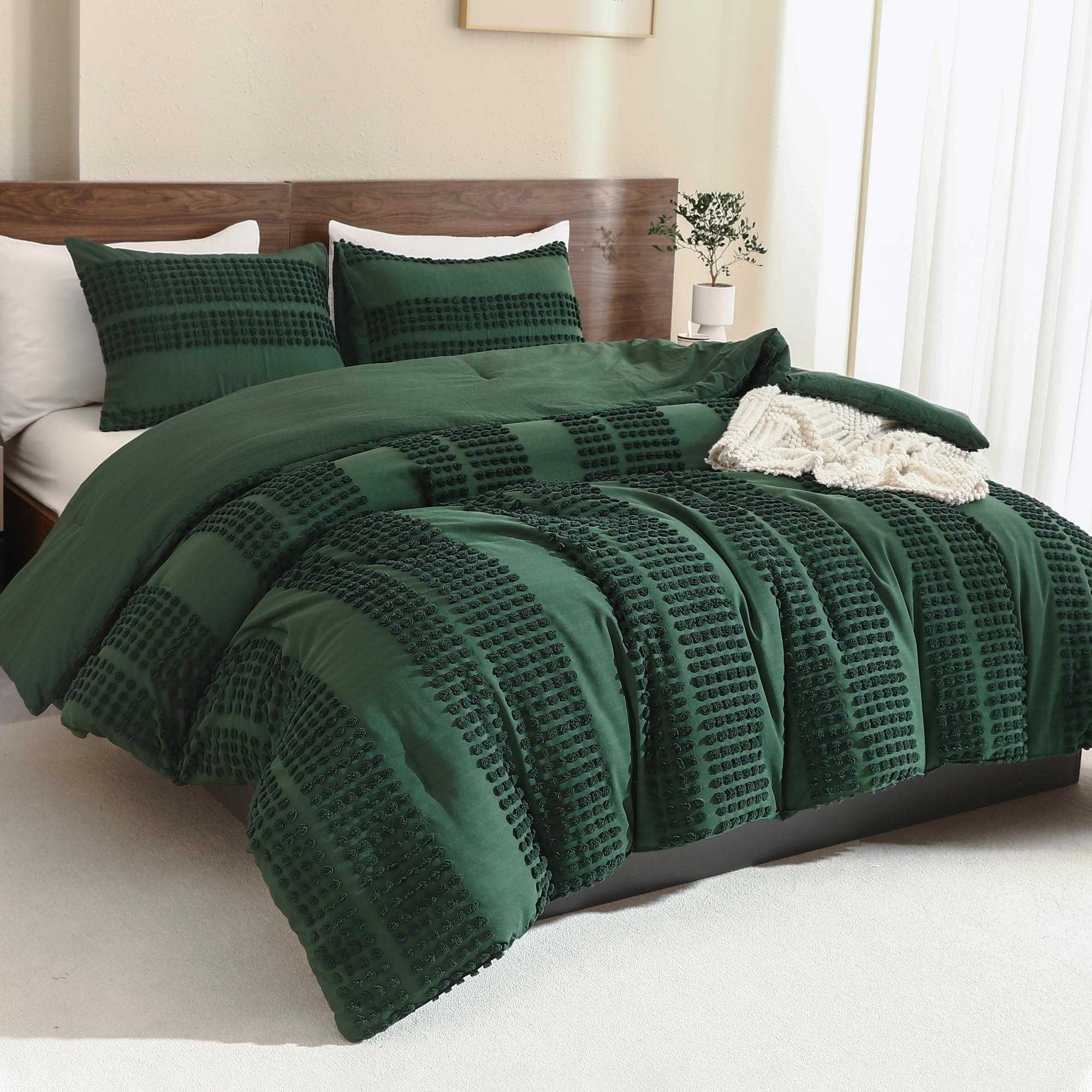 Andency Cal King Size Comforter Set Dark Emerald Green, 3 Pieces Boho