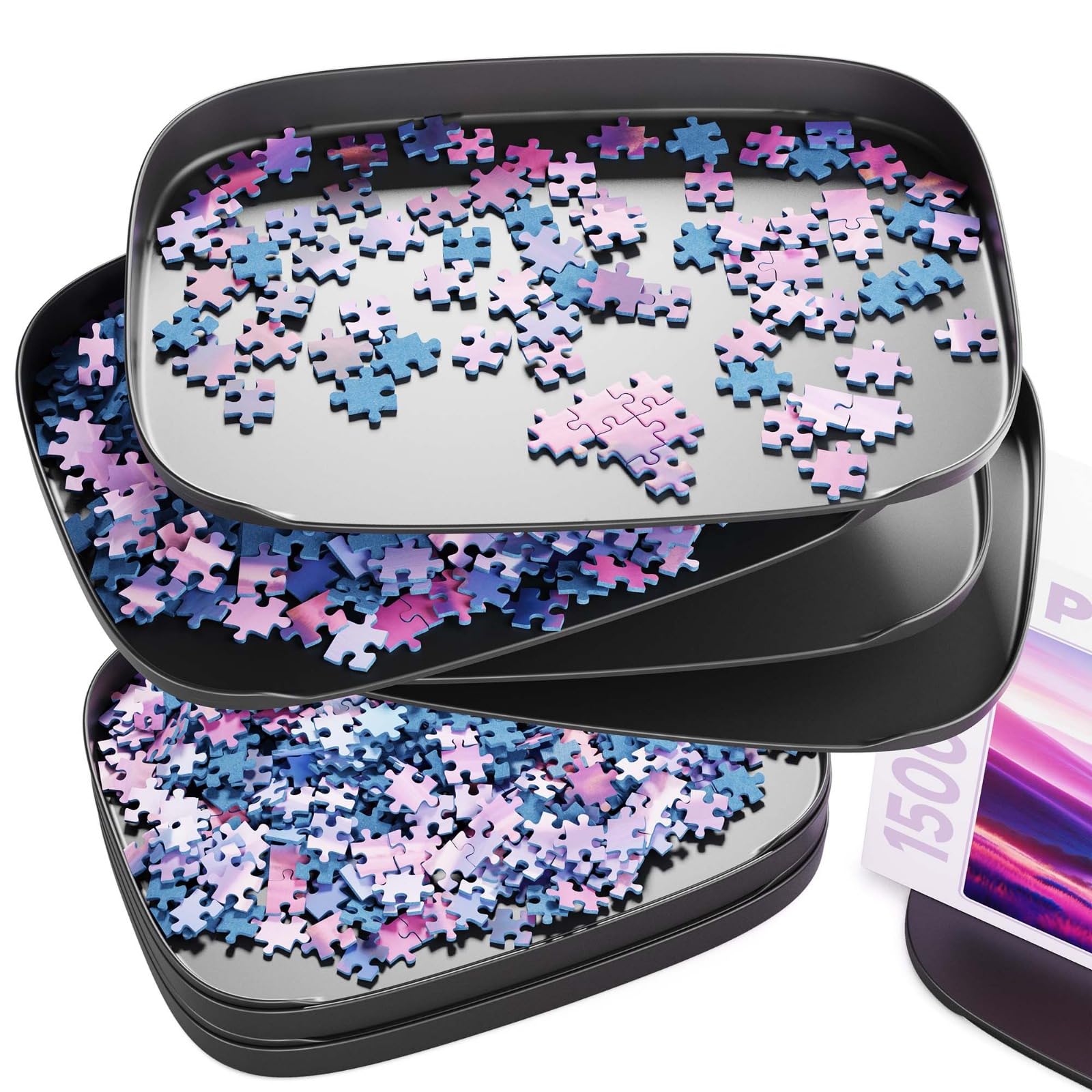 Puzzlup Stapelbare Puzzle Sortierschalen mit Box Anzeige auf Deckel – Set aus 12 Schalen – Bis zu 3000 Teile – Premium Puzzle Sortierer mit Offene Kanten Design