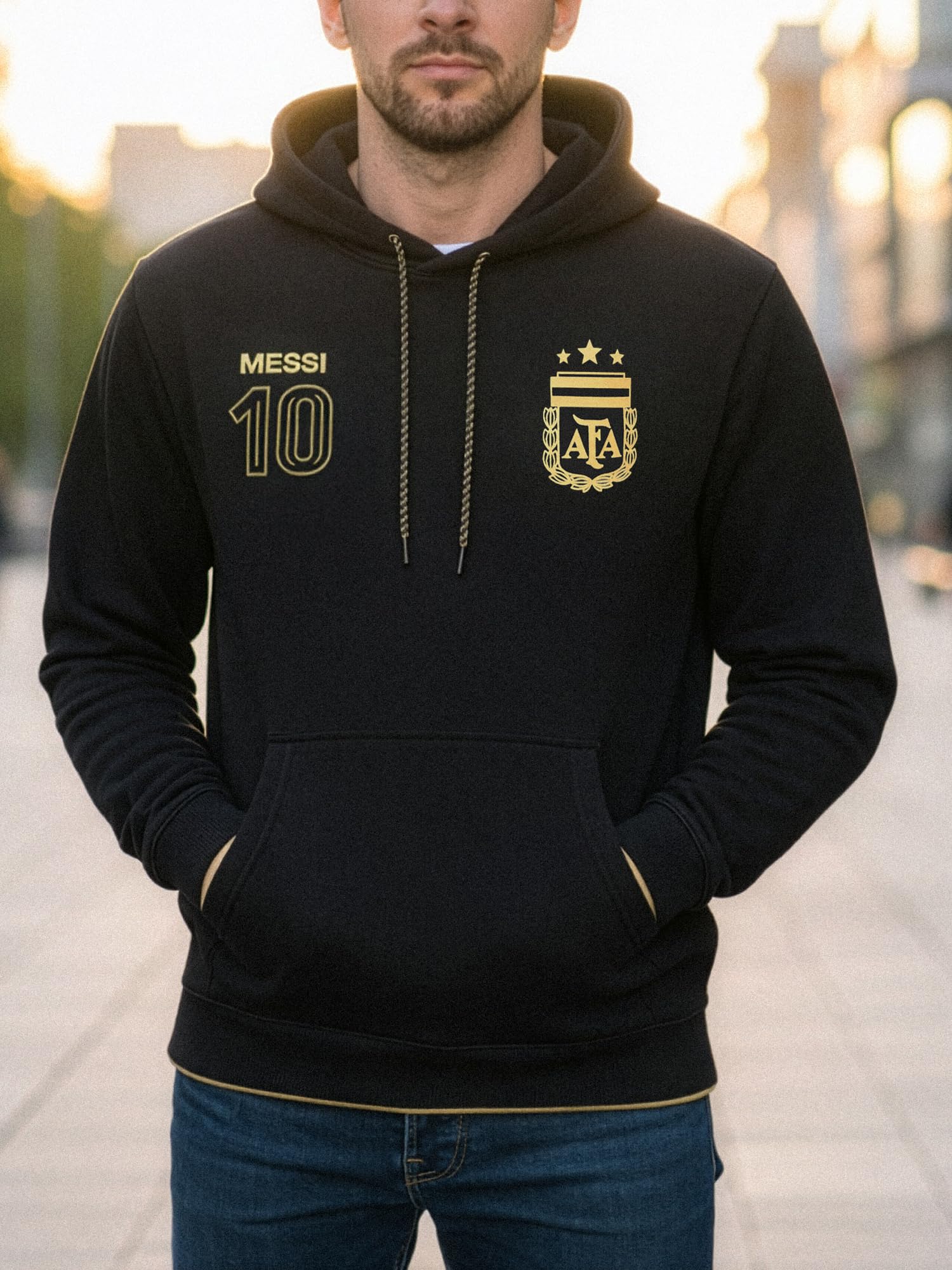 Icon Sports Lionel Messi 10 Argentinien AFA Kapuzenpullover, Erwachsenengrößen, Schwarz / Gold