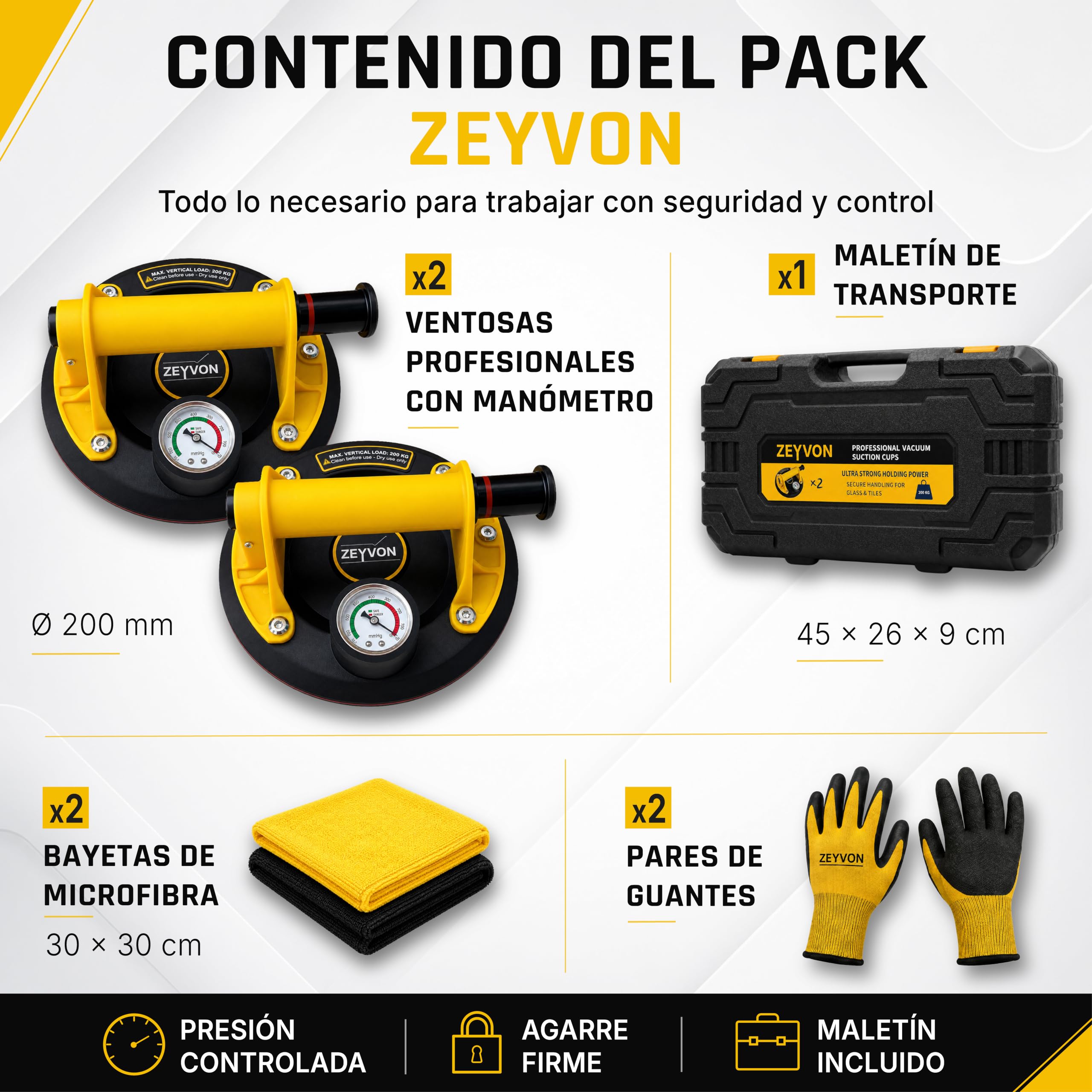 2x Ventosas para Cristal y Ventosas para Azulejos con Manómetro – Diámetro 200 mm – Carga Máx 200 kg por Ventosa – Profesionales para Cristal, Azulejos, Mármol y Superficies Lisas y Pulidas