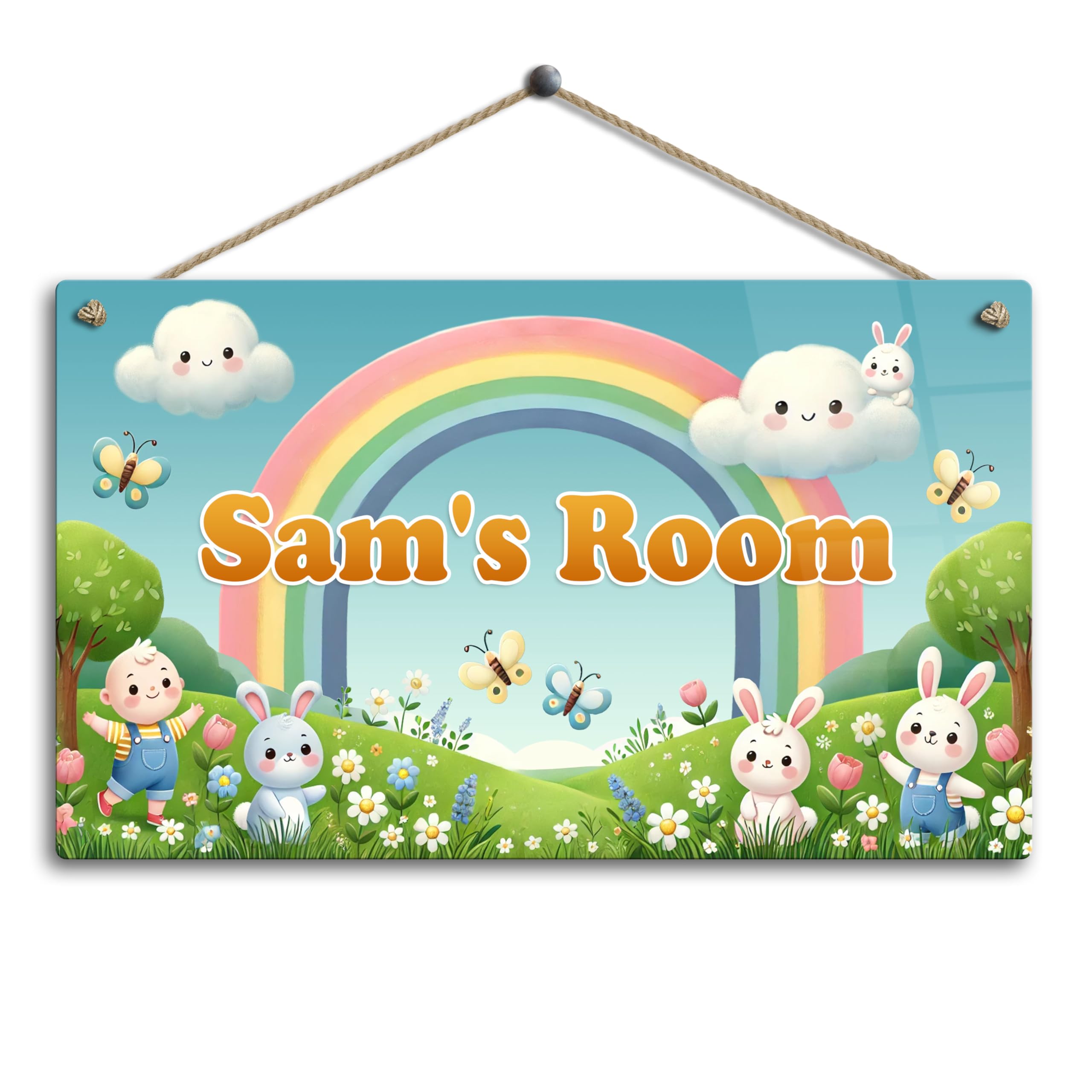 Personalised Childrens Bedroom Door Sign. Gloss Metal Sign for Walls, Doors, Playrooms, Toy Boxes, Baby Boxes. A4 Size - Rainbow Bunnies