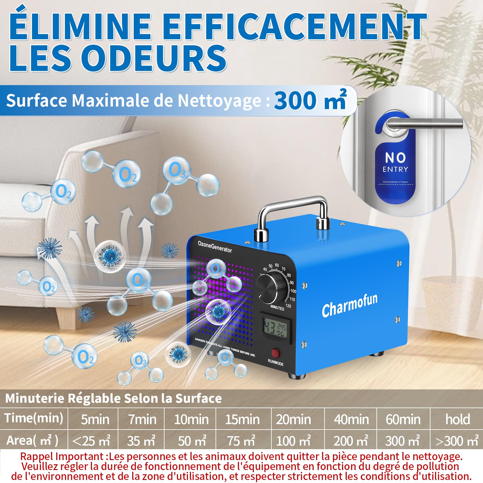 Charmofun Générateur d'Ozone Domestique 60000 mg/h, Machine à Ozone avec Affichage de la Température et de l'Humidité, Générateur d'Ozone Purificateur d'Air pour Cuisine, Voitures, Fumée (Bleu)