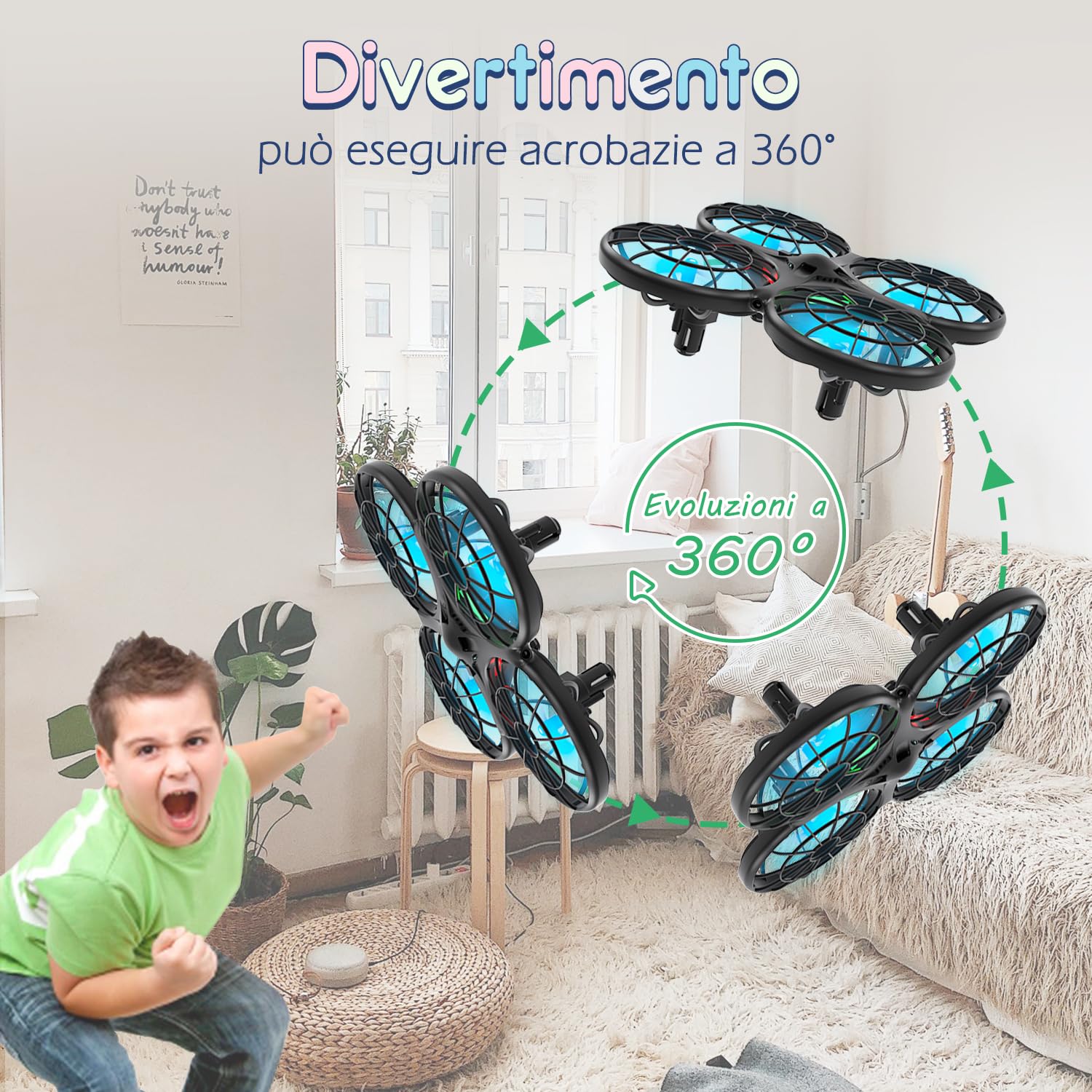 Loolinn | Drone per Bambini Regalo - Mini Drone con Tecnologia Anti-Collisione Automatica/Sicuro per i Bambini/Facile da far Volare/Acrobazie a 360°- Certificazione Approvata C0
