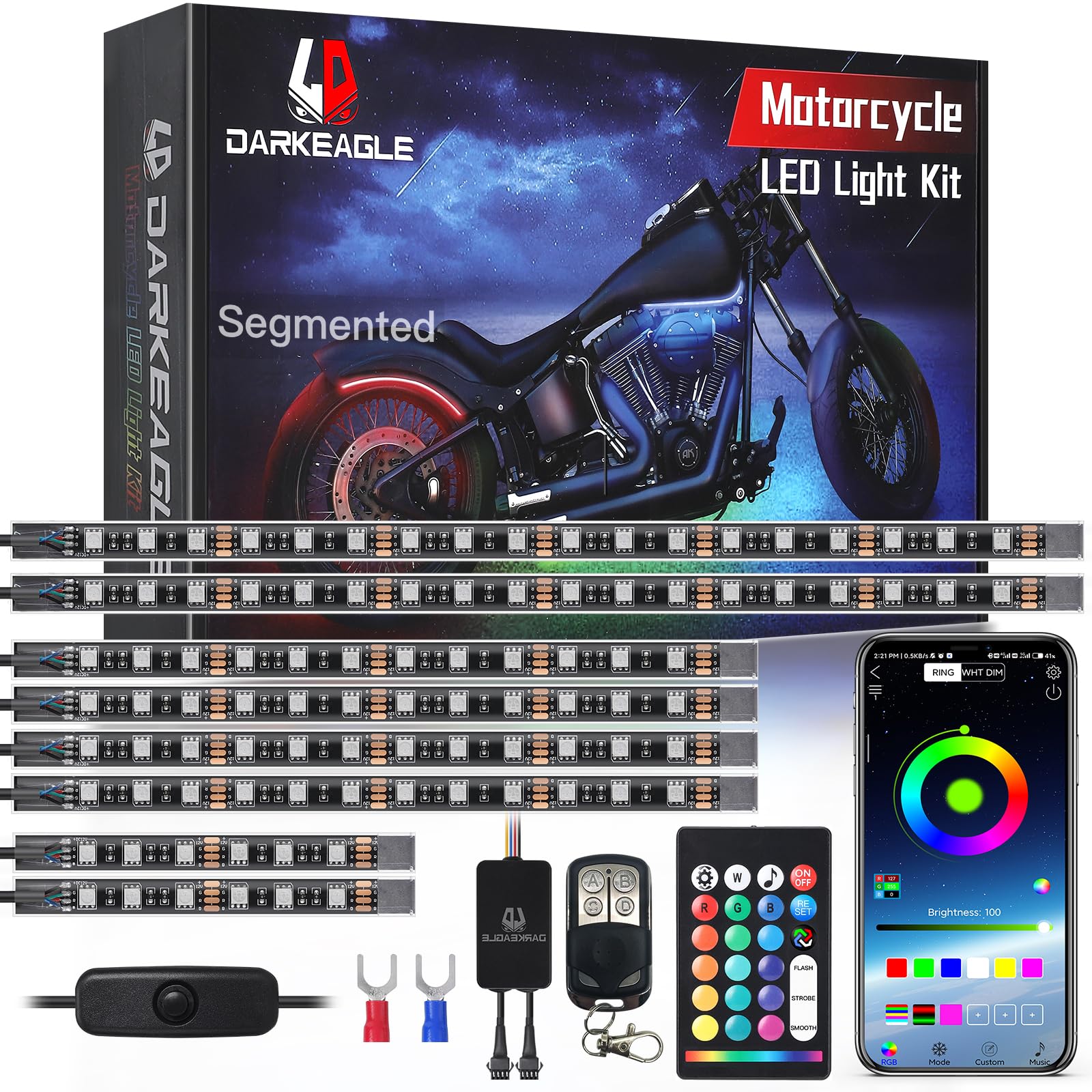 8PCS Segmented Motorcycle LED Lights Kit with Brake Lights Turn Signal, Motorcycle LED Underglow kit with APP/RF Remote,RGB Neon Strips Multicolor 12v Waterproof for Harley Honda Kawasaki