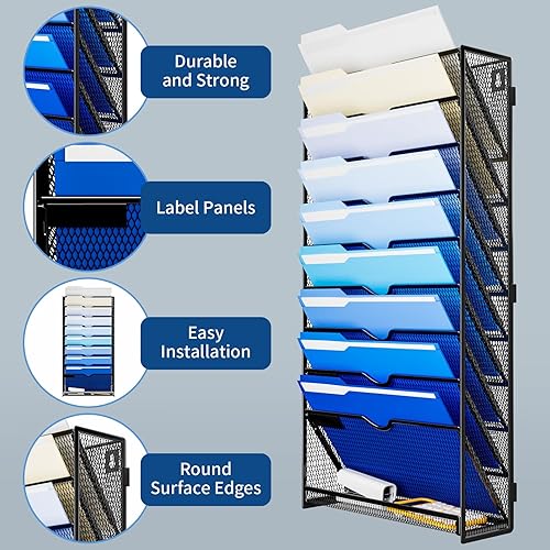 Miniatura 3 de Marbrasse Soporte para archivos de pared de 10 niveles, organizador de archivos de pared, para papeles, portapapeles y organizador de revistas,