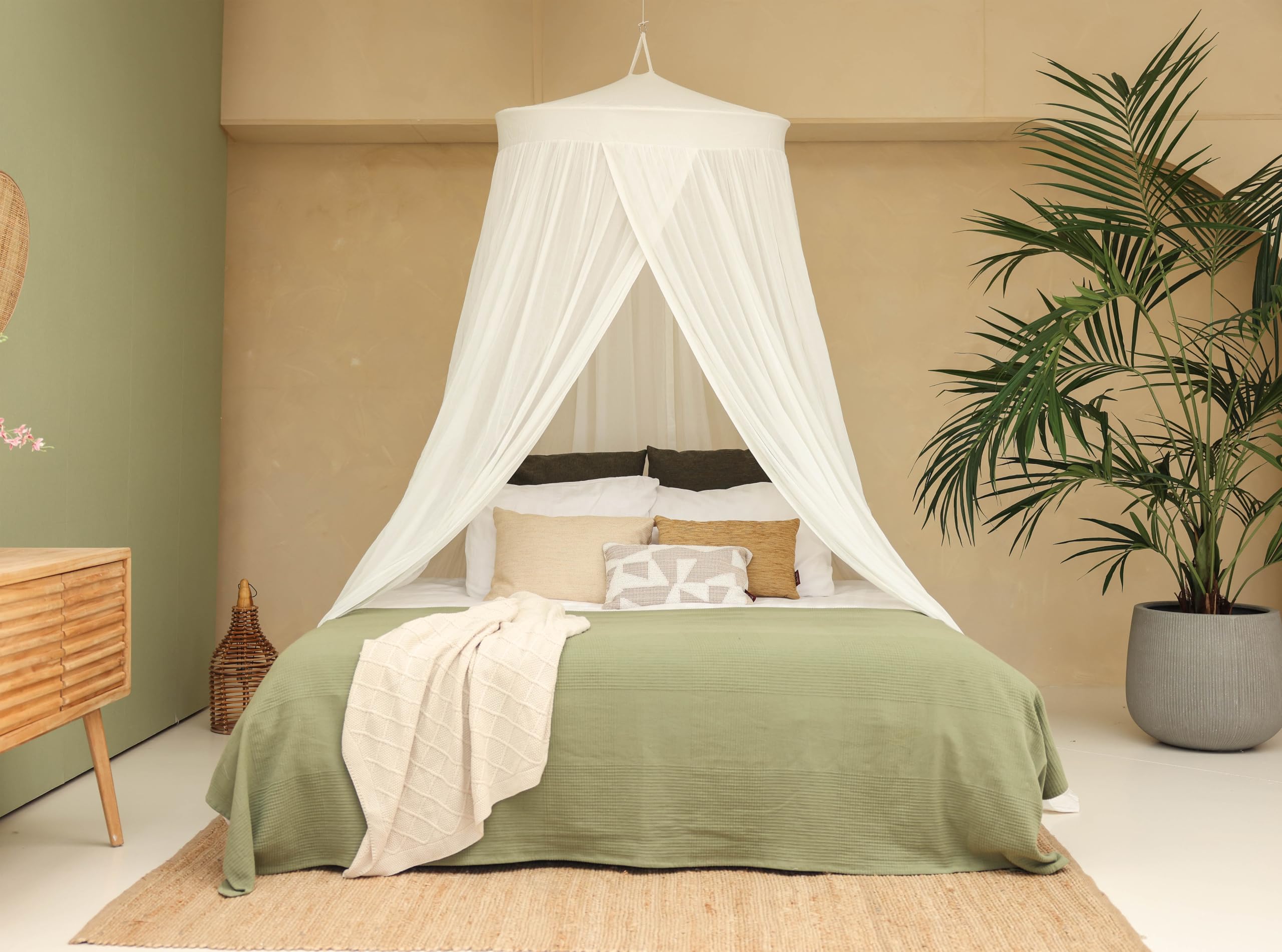 100 % Baumwolle Baldachin für Queen- & King-Size-Bett | Handgefertigtes Luxus-Moskitonetz als Schlafzimmer-Vorhang | Dekoratives Kegelförmiges Netz mit 2 Öffnungen für Zuhause