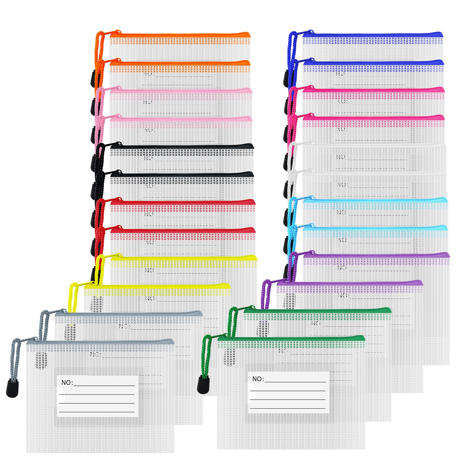 AUSTARK 24pcs Mesh Zipper Pouch Bags with Label, Multipurpose Waterproof Organization Storage Bag for Office School Home Travel (6.3''x4.7'', 12-