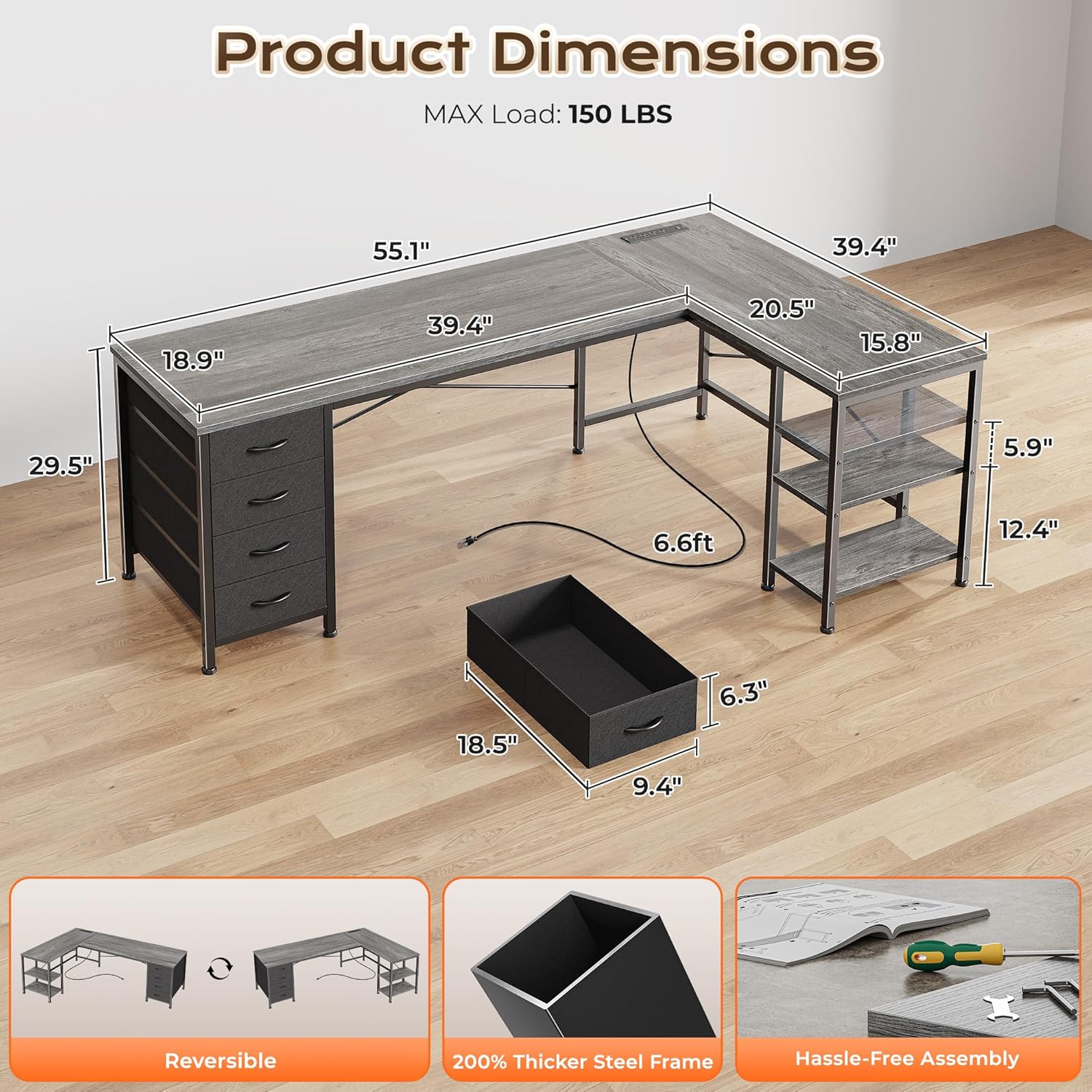 Huuger 55 Inch L Shaped Desk with Fabric Drawers, Reversible Computer Gaming Desk with Power Outlets and USB-C Port, Adjustable Side Storage Shelves, for Work Study Corner Home Office, Grey
