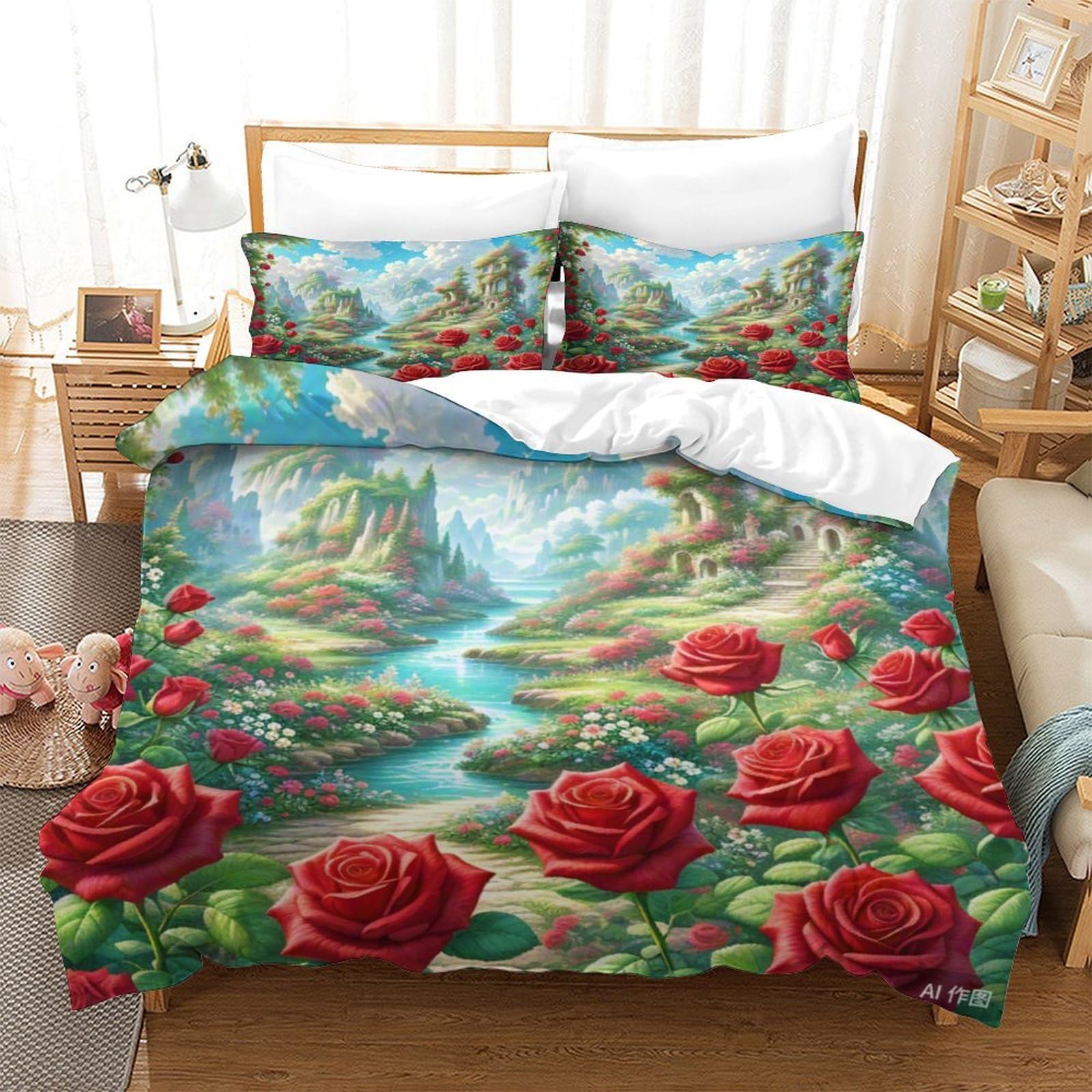 Housse de couette 140x200 anti-plis en microfibre rose 3D avec fermeture éclair pour ados