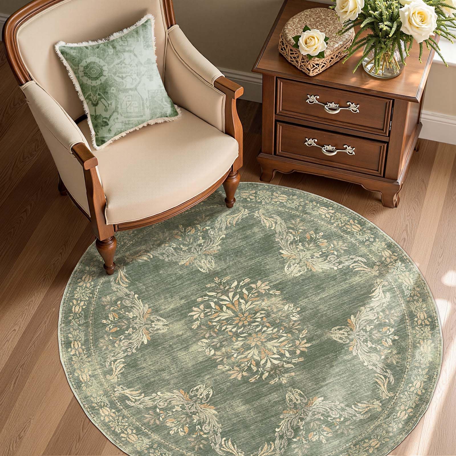 jinchan Round Rug 4ft Area Rugs Vintage Floral Distressed Design,Machine Washable Soft Non-Slip Low-Pile Ultra-Thin Circle Rug for Entryway Bedside