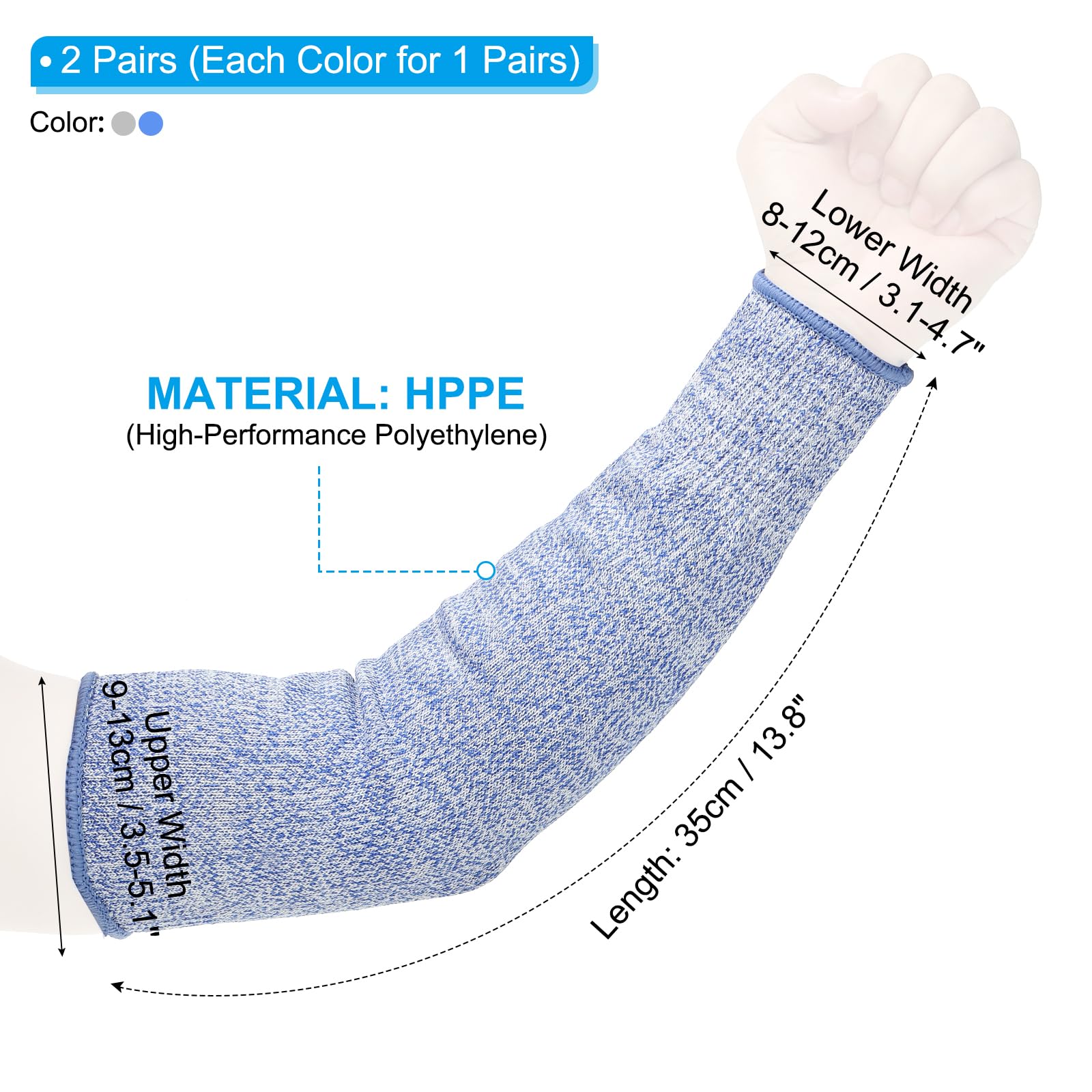 PATIKIL 14 Inch Cut Resistant Sleeve, 2 Pairs Arm Safety Protectors Sleeves Forearm Sleeve HPPE Level 5 Protection for Thin Skin and Bruising, M, Blue/Gray - Image 2