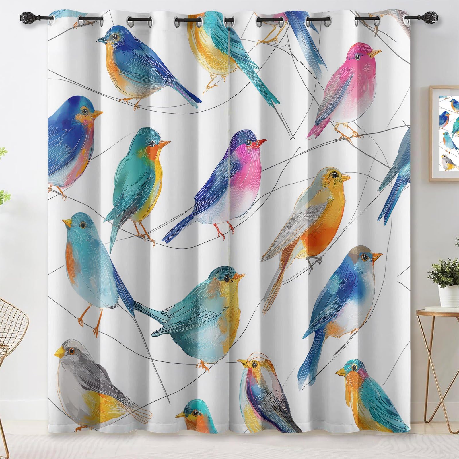 Natur Boho Verdunkelungsvorhänge für Schlafzimmer Wohnzimmer, Voegel Aeste Aquarell Blau Wärmeisolierte Vorhänge mit Ösen, Fenstervorhänge Dekoration, H 175 x B 140 cm (2er Pack)