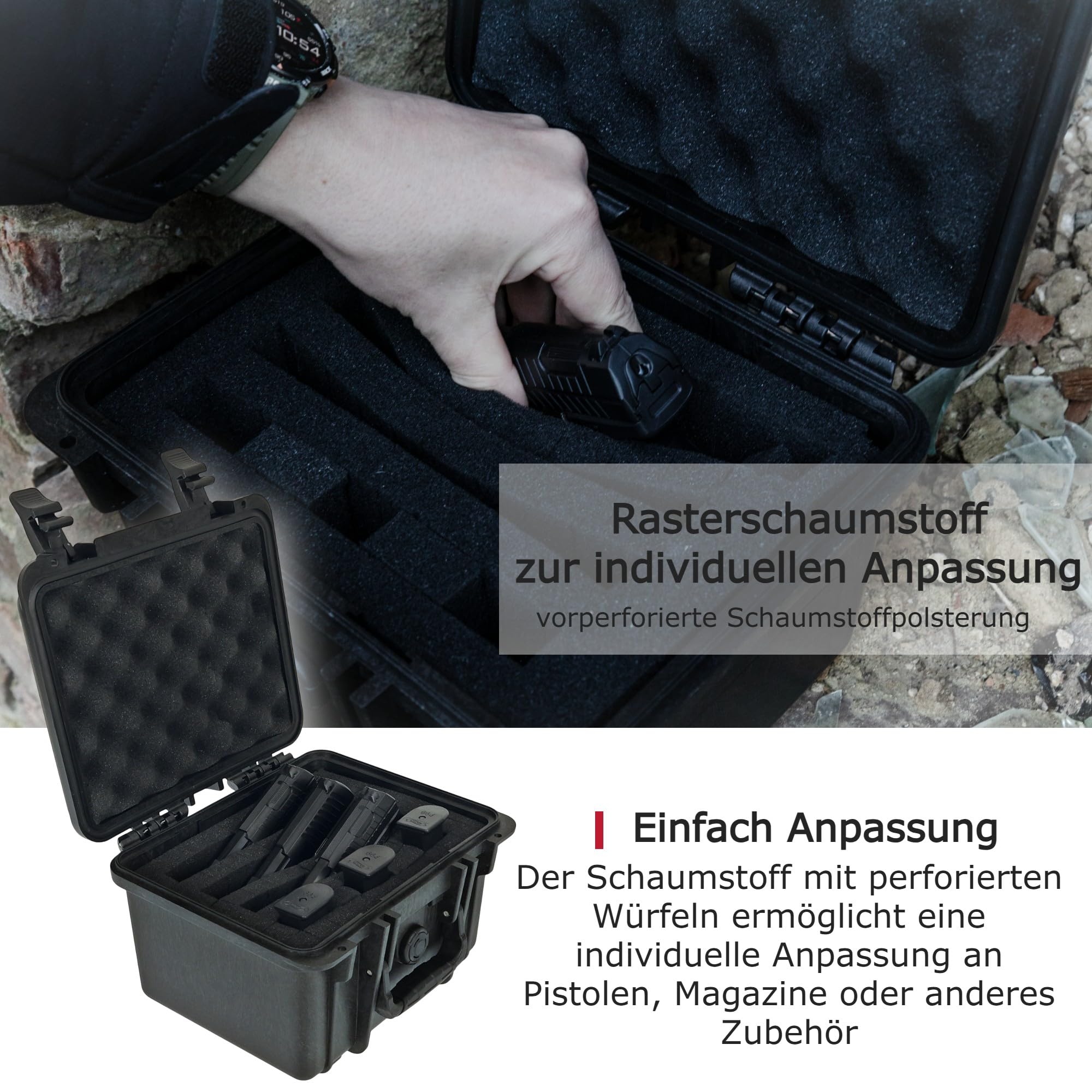 OpTacs Waffenkoffer Pistolenkoffer für Kurzwaffen mit Rasterschaumstoff abschließbar - Airsoft Pistole Gun Case 27x23x18cm wasserdicht für Waffen und Zubehör