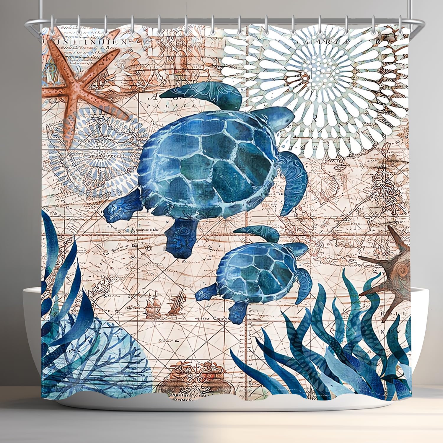 Lerores Sea Turtle Shower Curtain, Weighted Hem, Anti-Mould, Water-Repellent, Washable Polyester Fabric Bath Curtains with Eyelets and 12 Shower Curtain Rings for Bathroom, Bath, 180 x 170 cm โ image 1