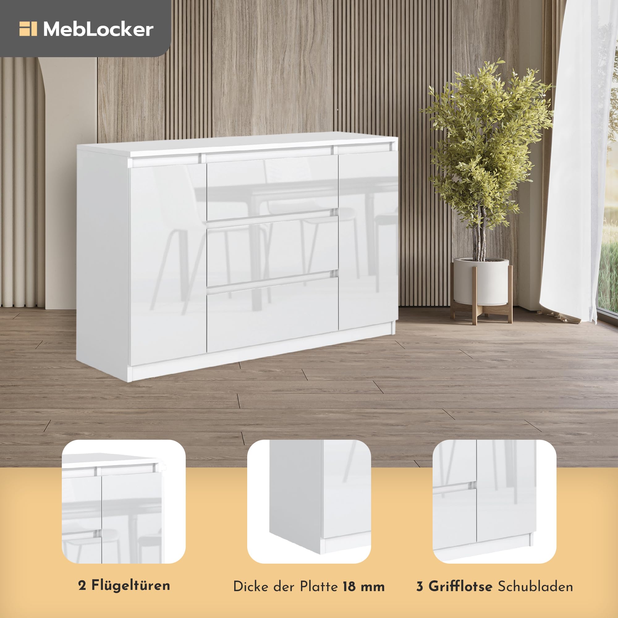 Goeria Commode met 2 deuren en 3 laden, voor woonkamer slaapkamer, witte deurcommode met schuiflade, verstelbare plank, wit (H75/B120/T40 cm/met 2 deuren en 3 laden