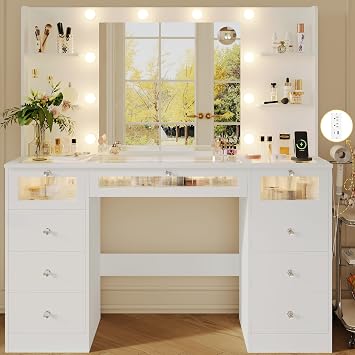 Vanity Desk with 23.5 Mirror and Light, 9 Drawers Makeup Vanity with 3 Color Hollywood Bulbs, Make Up Vanity with Glass Top & 4 Open Shelves & Charging Station & Crystal Knobs for Woman Girls