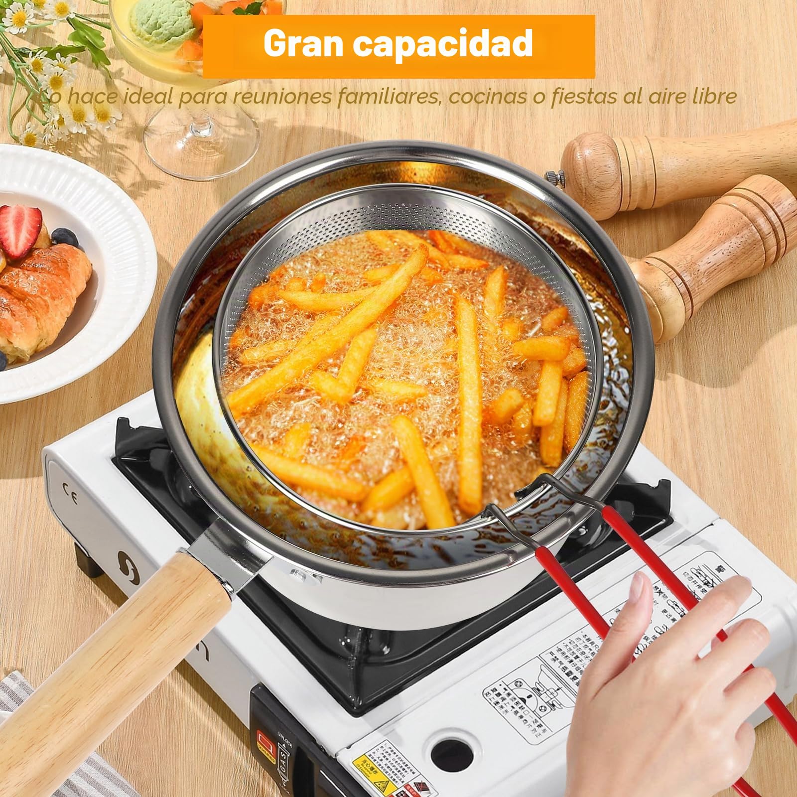 Olla Freidora con Cestillo, Pequeño Olla para Freír 20cm de Acero Inoxidable de 2.5L, Freidora con Filtro Aceite 2 en 1, Colador de Grasa con Tapa y Clip para Alas de Pollo, Mariscos, Patatas Fritas