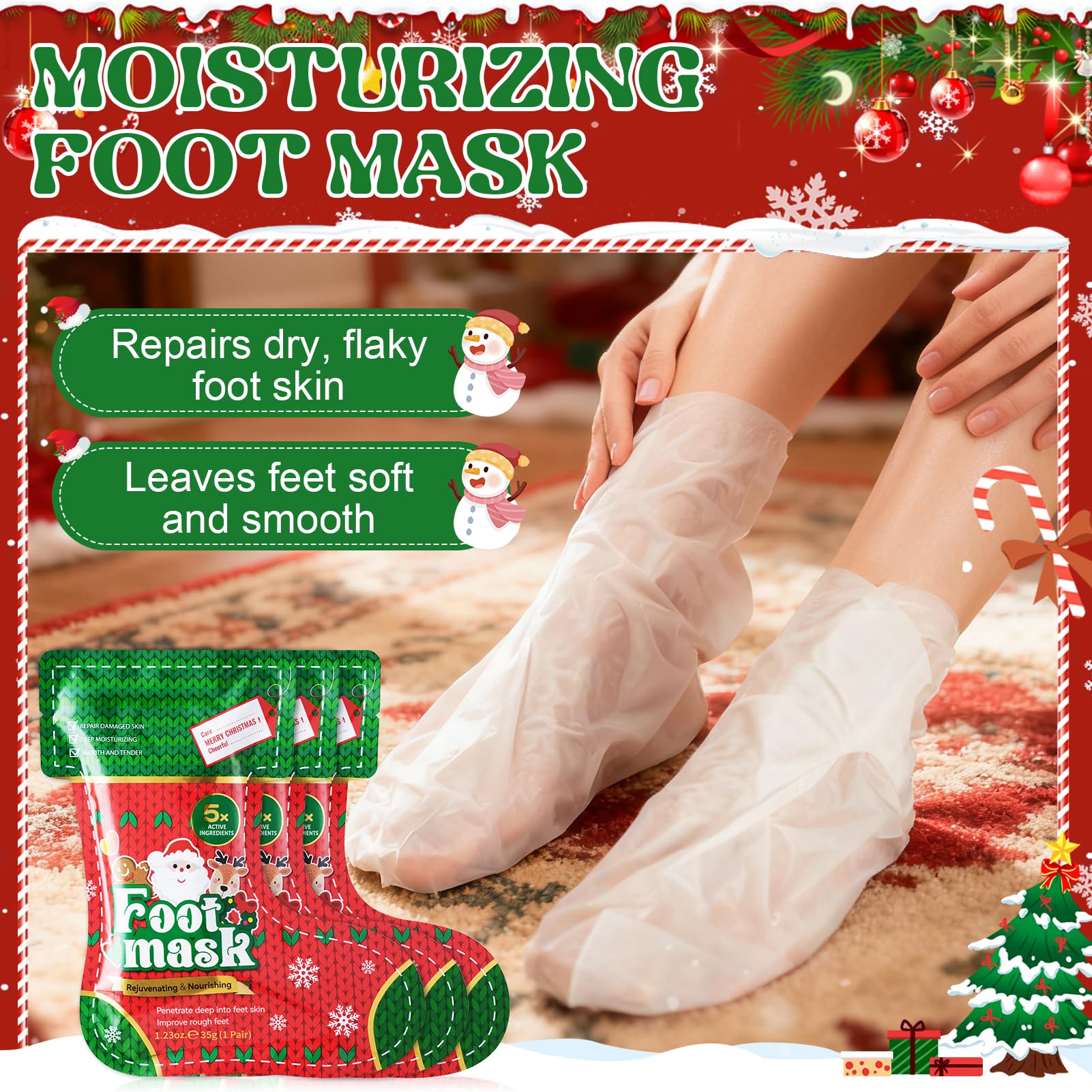 Noël Masque Pieds, 3 Paires Masque Pieds Peeling Exfoliant, 3 Paires Soins des Mains et des Pieds, masque Pieds Très Secs et Abîmés pour Rendre la Peau Plus Lisse
