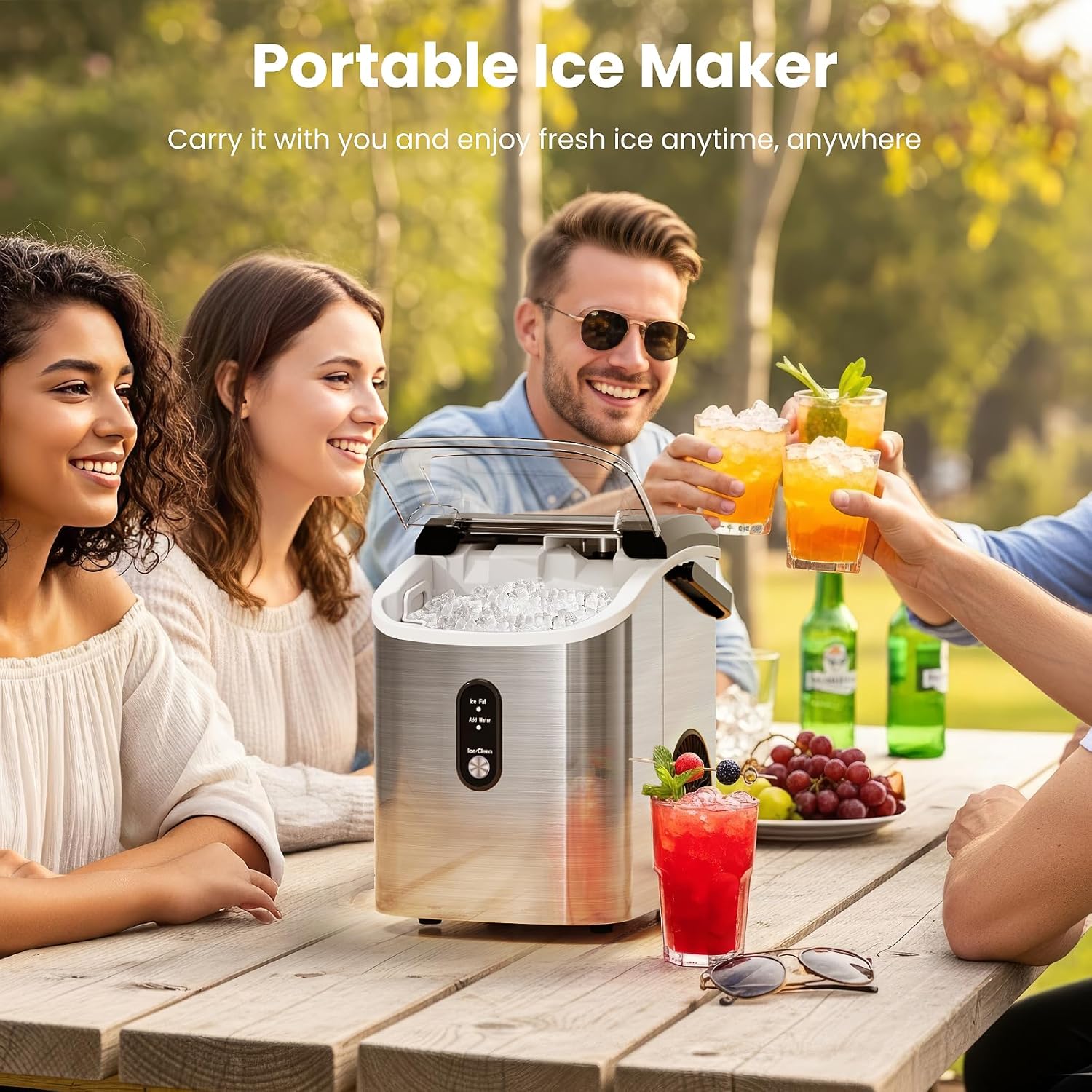 Antarctic Star Nugget Ice Makers Countertop with Auto-Cleaning, 35lbs/Day, Portable Sonic Ice Machine with Handle, Basket and Scoop for Home/Kitchen/Office/Camping(Stainless Steel Silver)