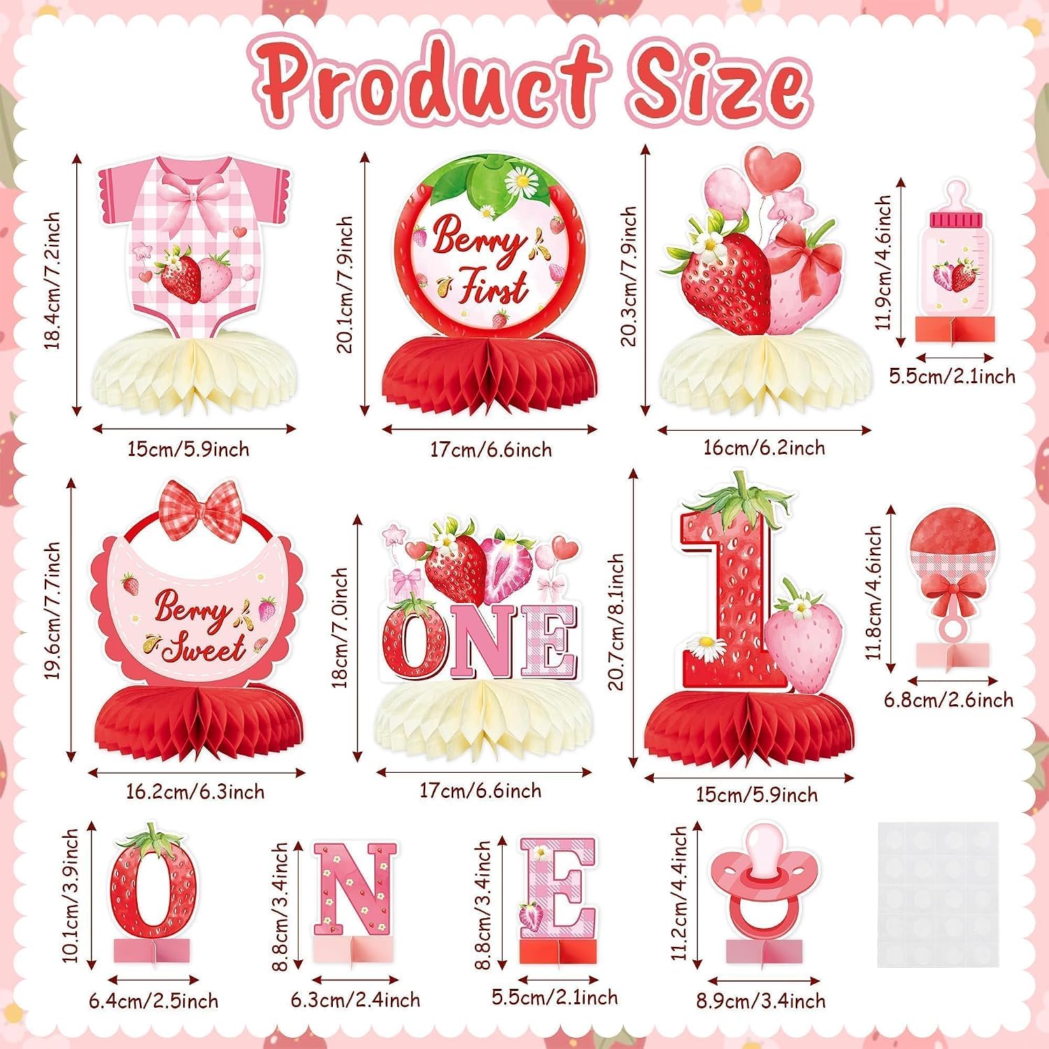 ANGOLIO 12Pcs Berry 1st Birthday Decoration Strawberry Honeycomb Centerpieces One Table Topper Red Strawberry Table Decor for Birthday Fruits Theme Baby Shower Gender Revelation Summer Party Supplies