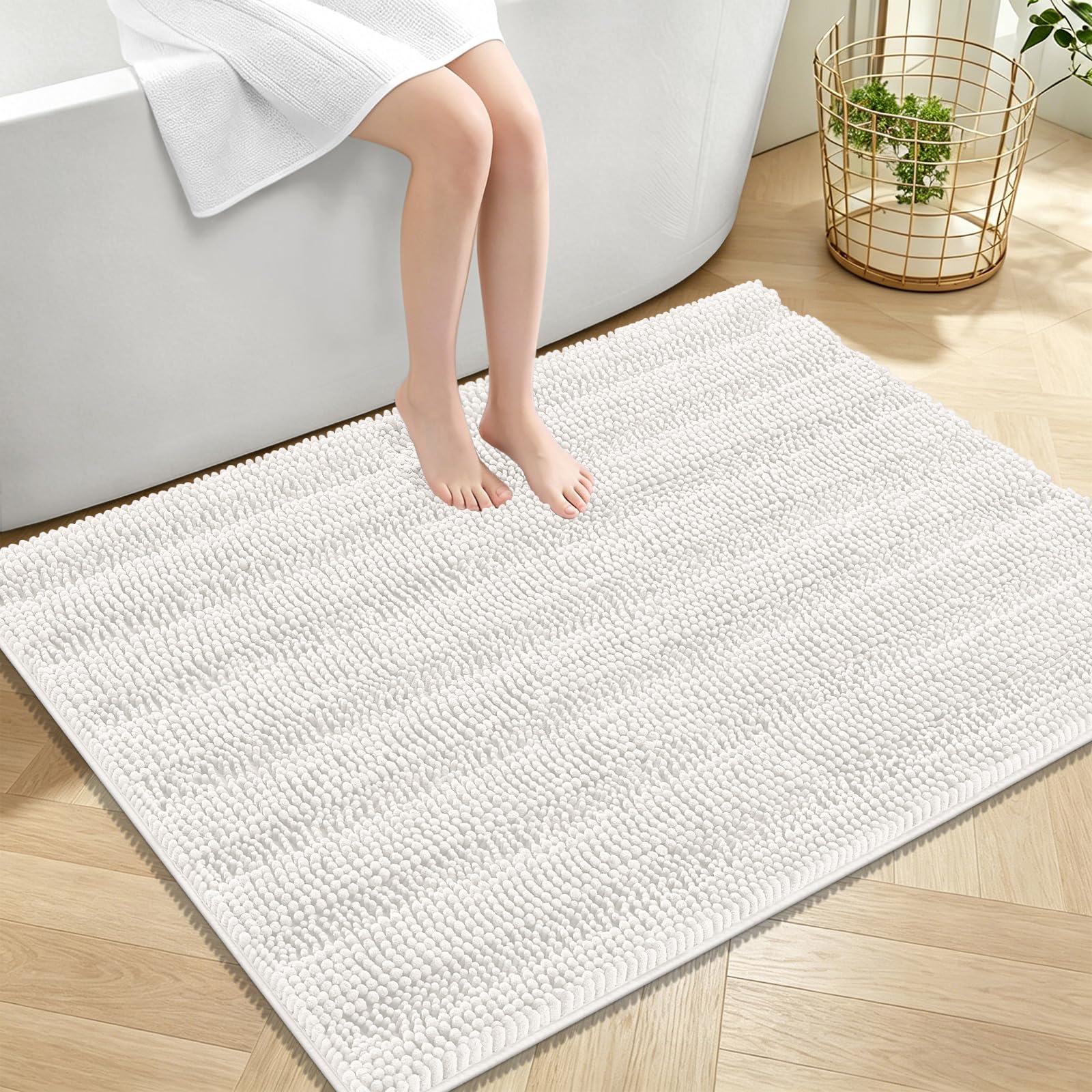 OLANLY Thick Large Bathroom Rugs 40x32, Soft Chenille Bath Rugs, Ivory